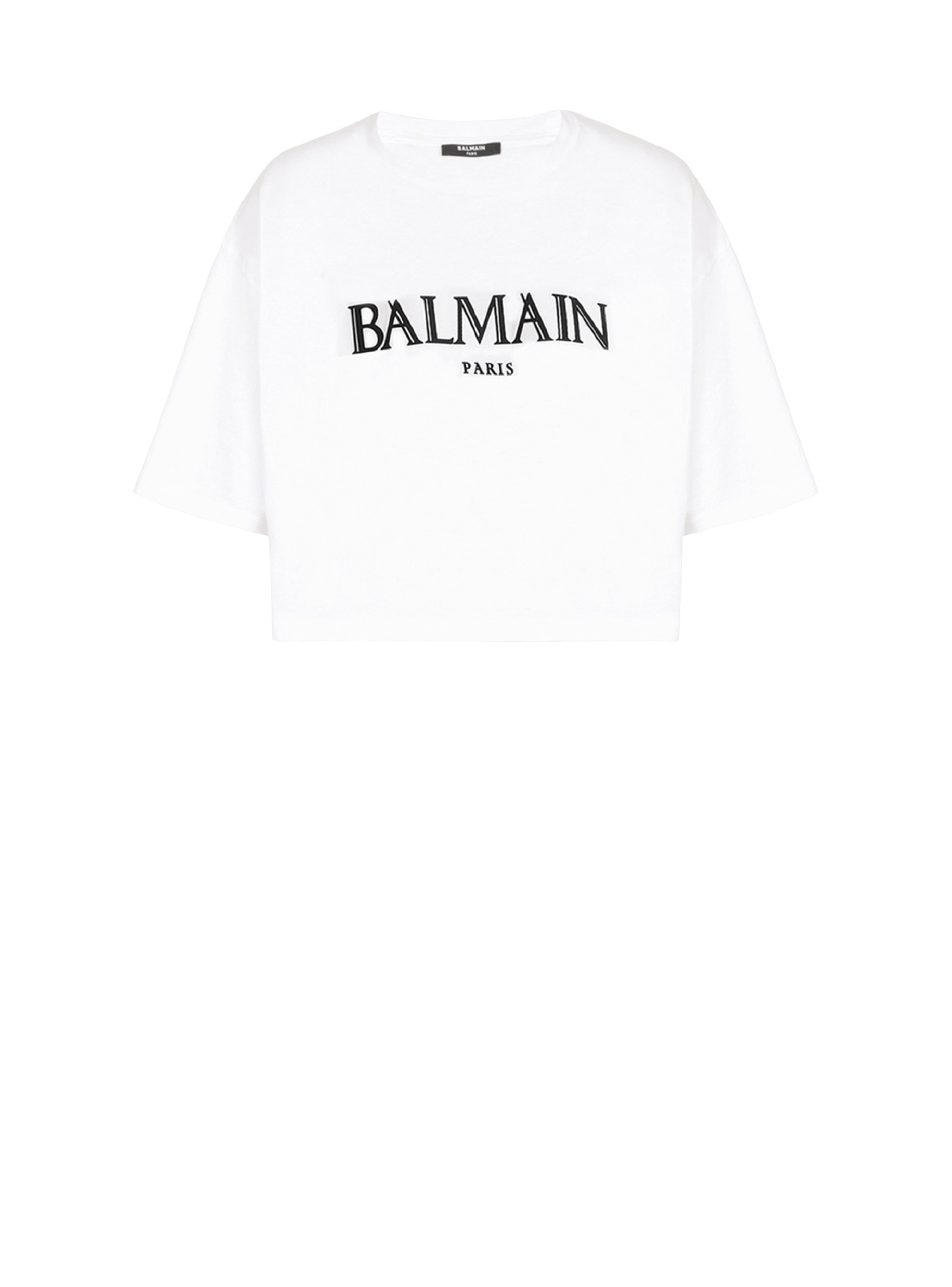 Cropped T-shirt with rubber Roman Balmain logo, white, hi-res