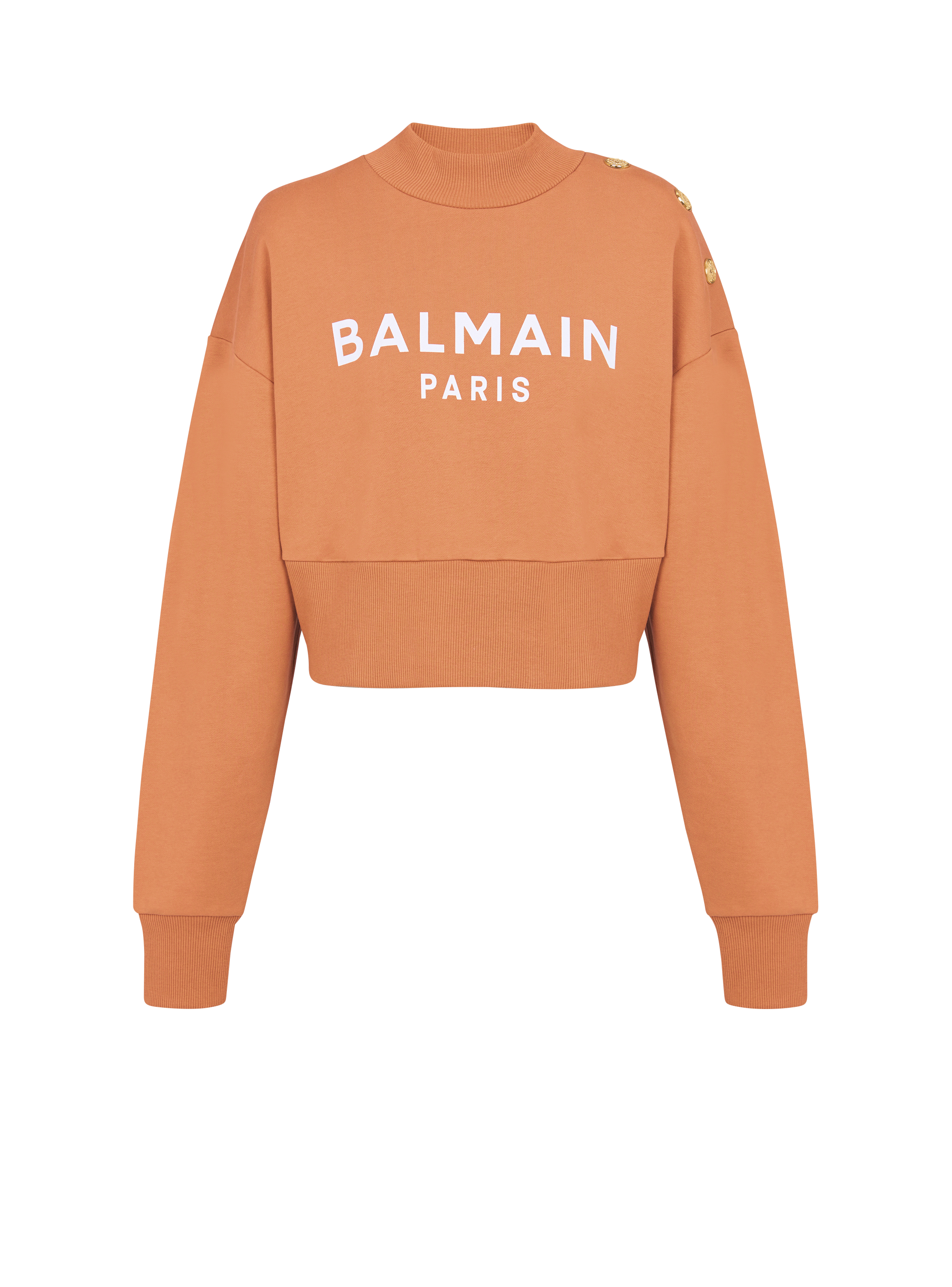 Kurzes, geknöpftes Sweatshirt mit Balmain Logo-Print, braun, hi-res