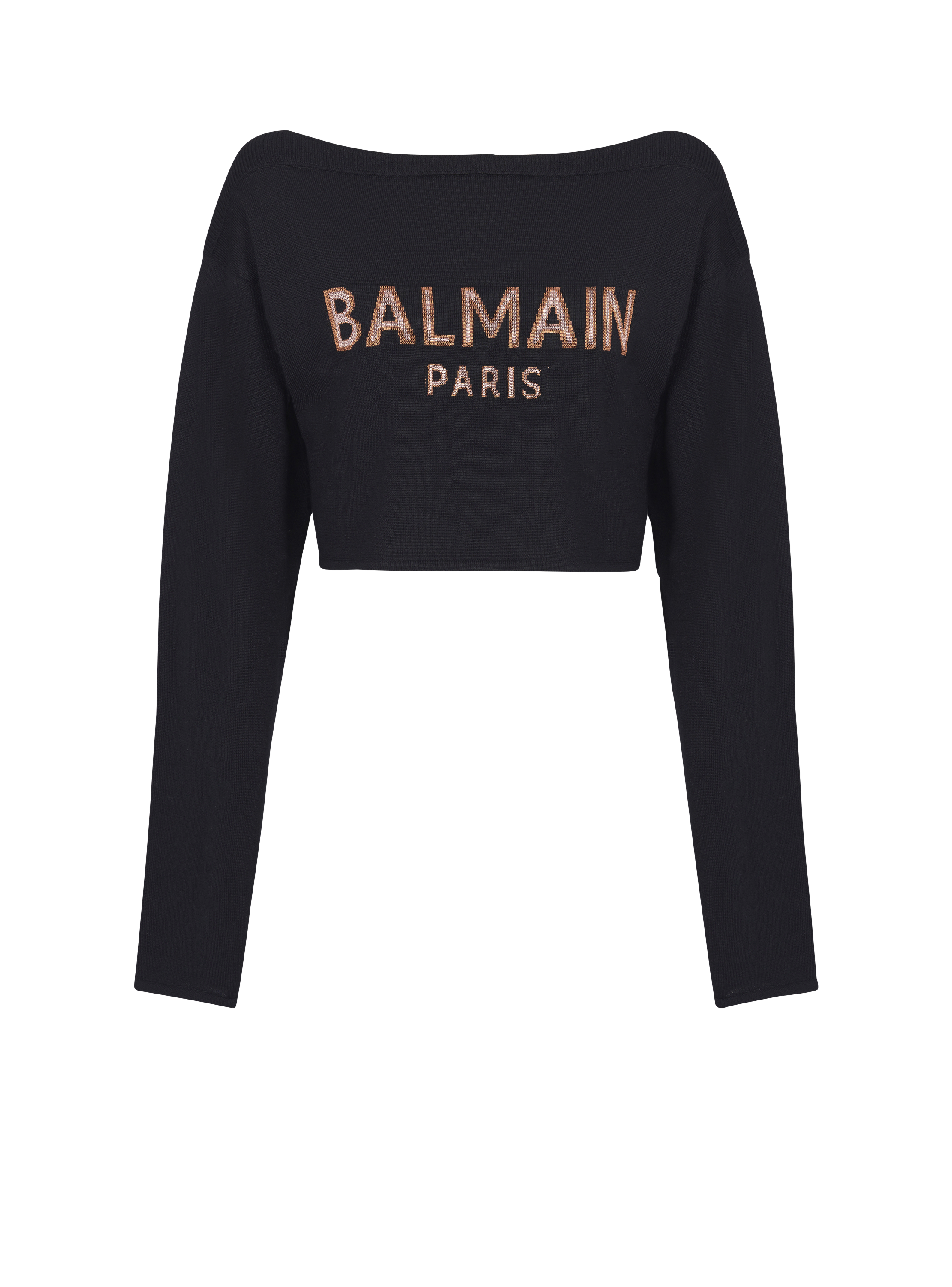Cropped jacquard jumper with Balmain logo, black, hi-res