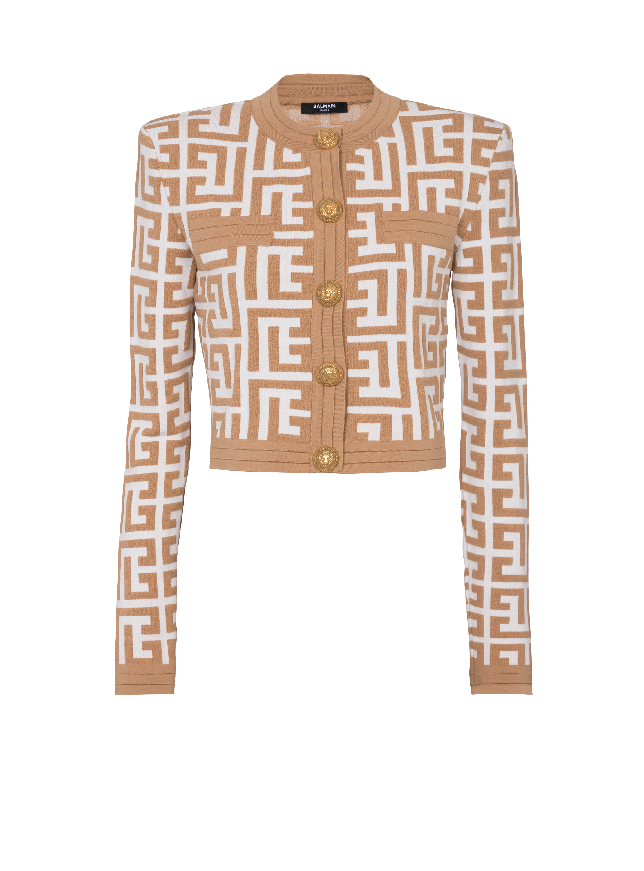Cardigan corto in maglia con maxi monogramma, beige, hi-res