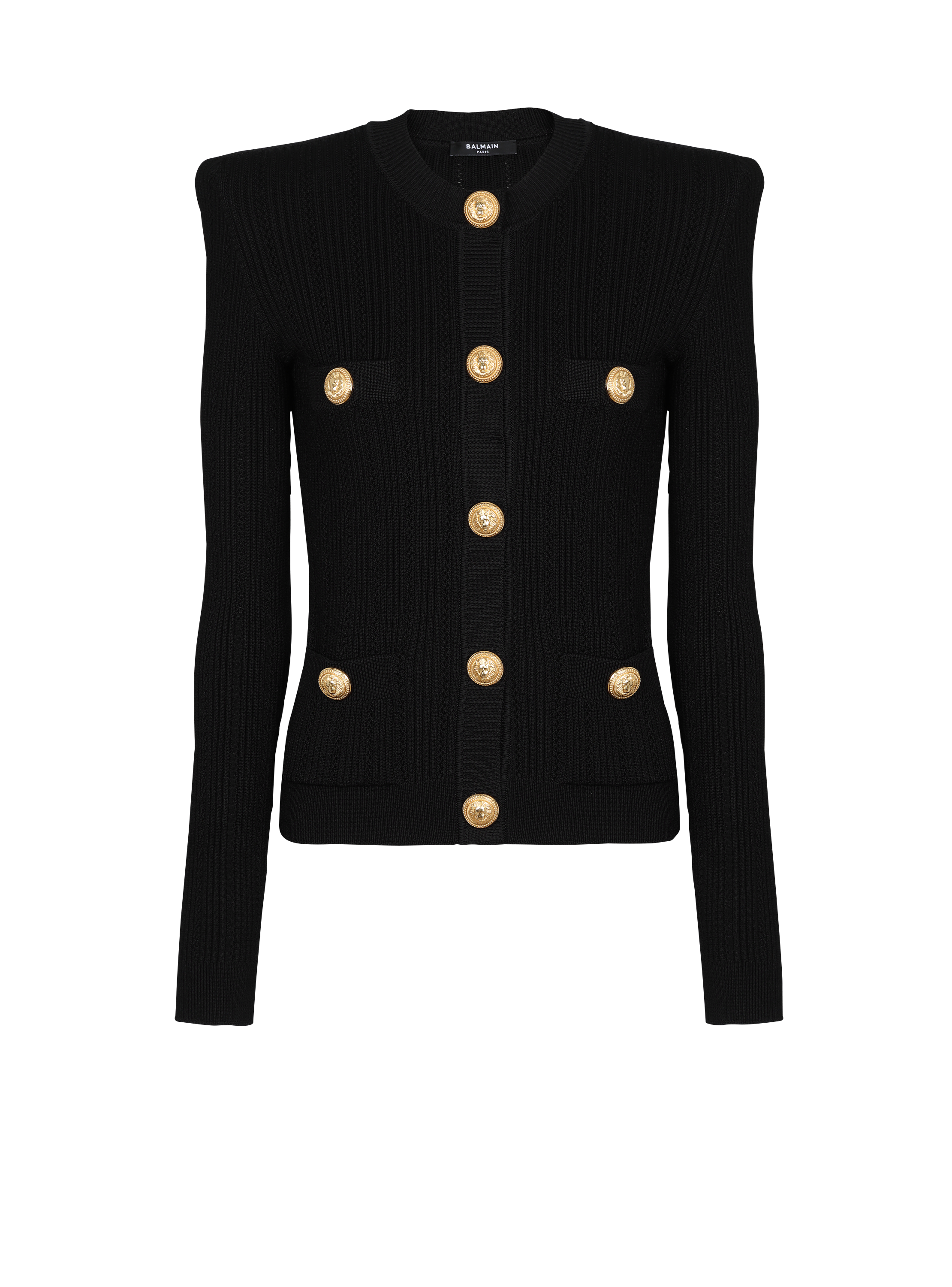 Cropped eco-designed knit cardigan with gold-tone buttons, black, hi-res