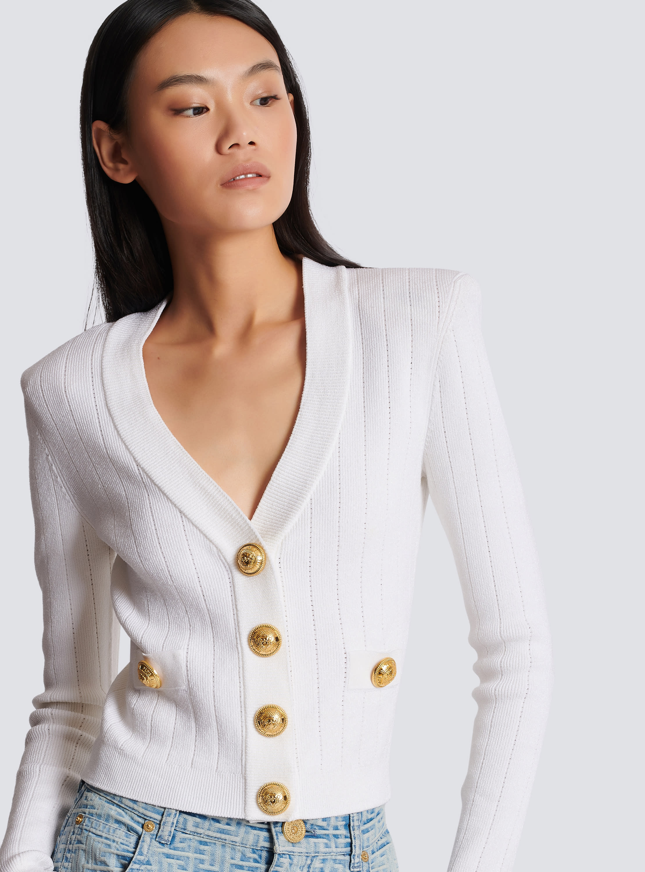 Buttoned cropped knitted cardigan white - Women