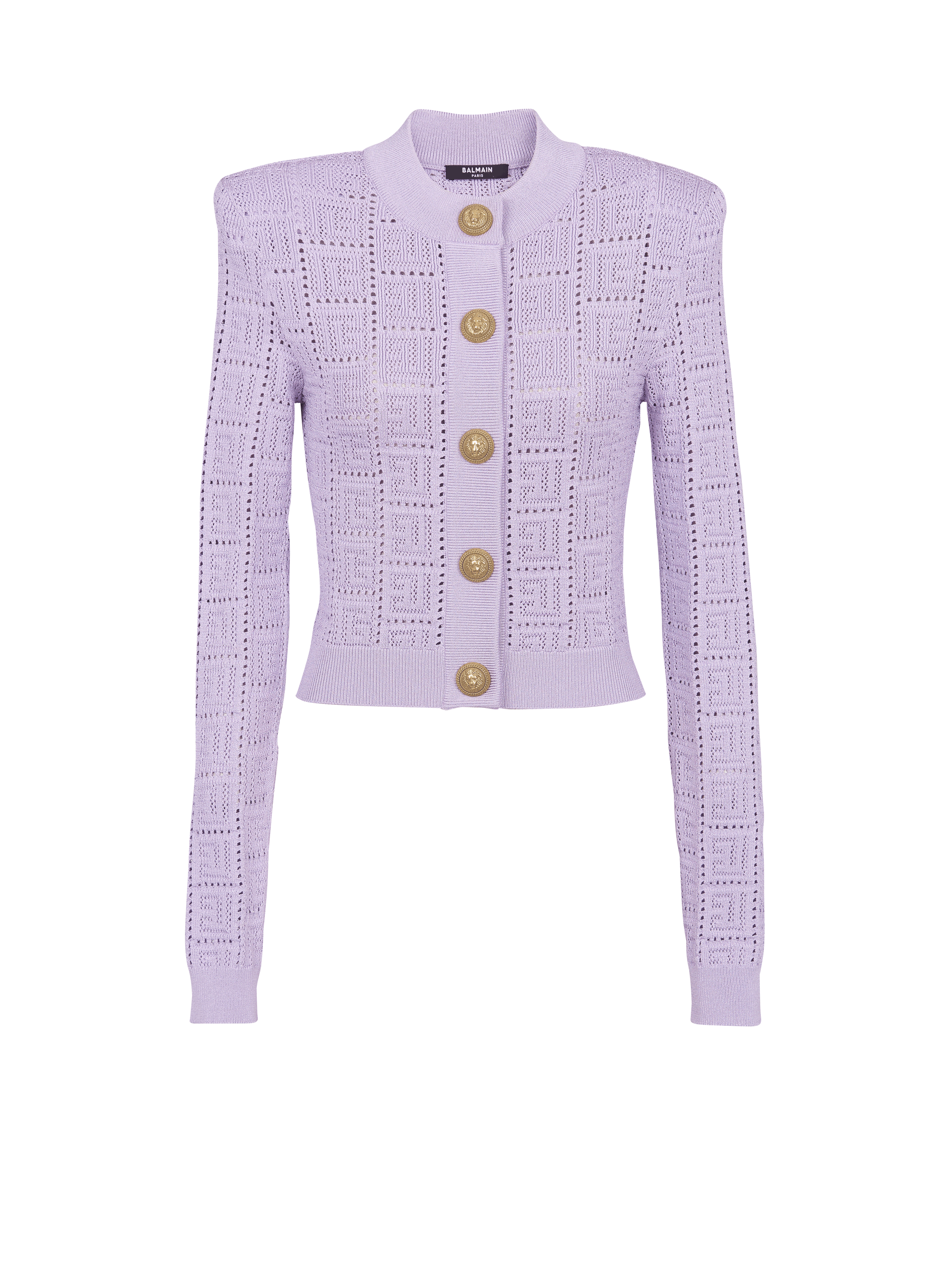 Cardigan in maglia con monogramma traforato, viola, hi-res