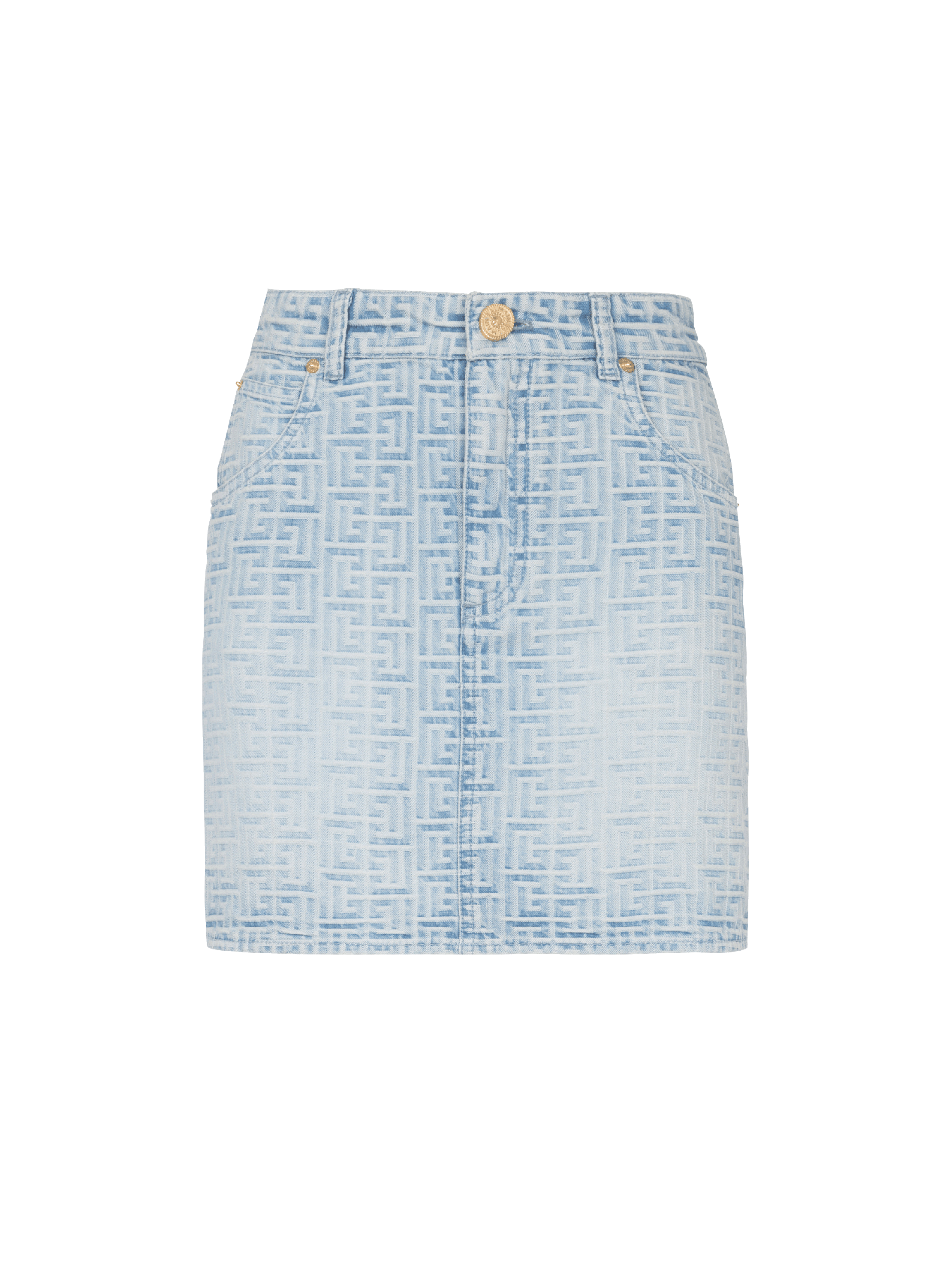 Monogrammed short denim skirt