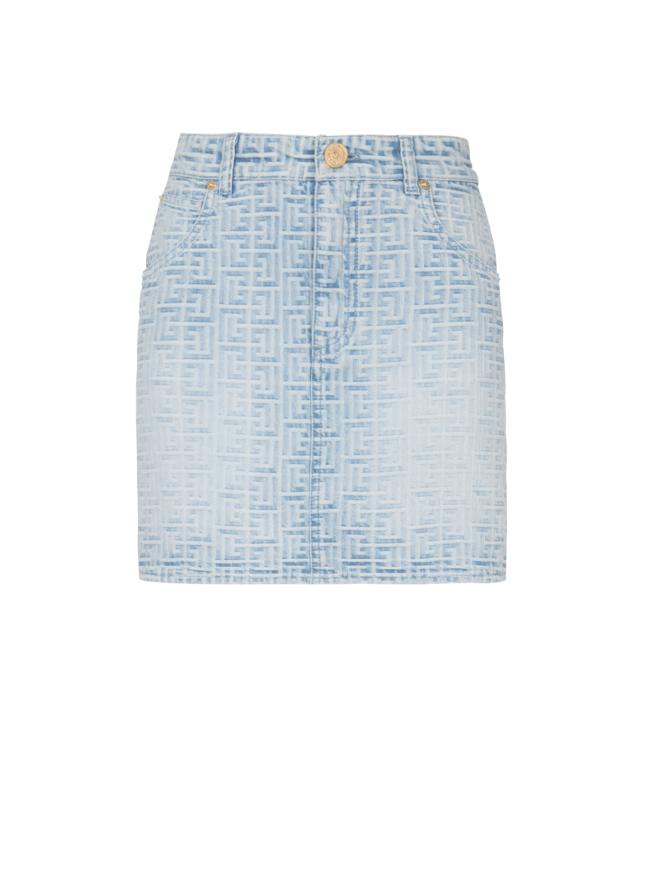 Monogrammed short denim skirt