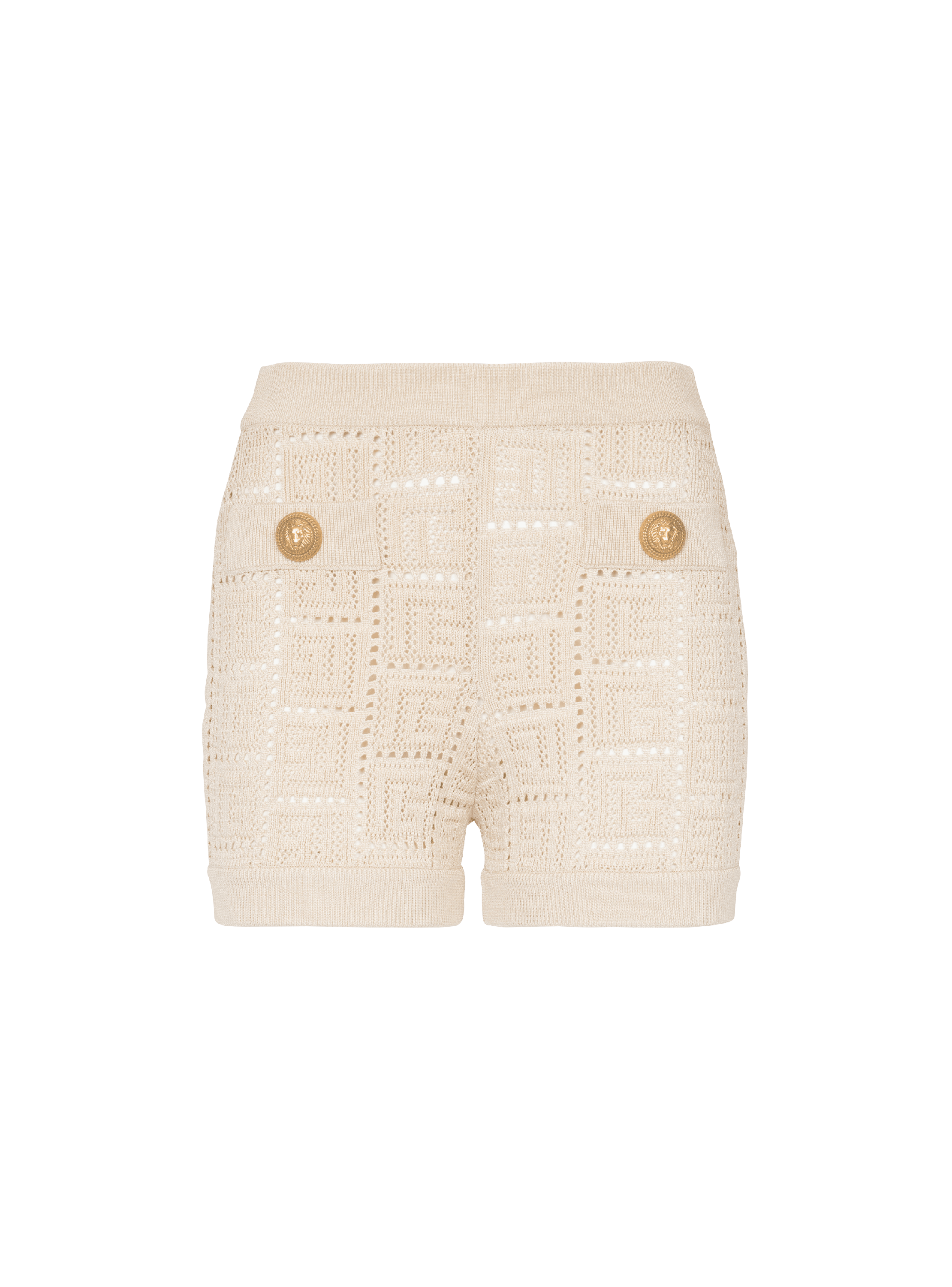 Monogrammed openwork knit mini shorts