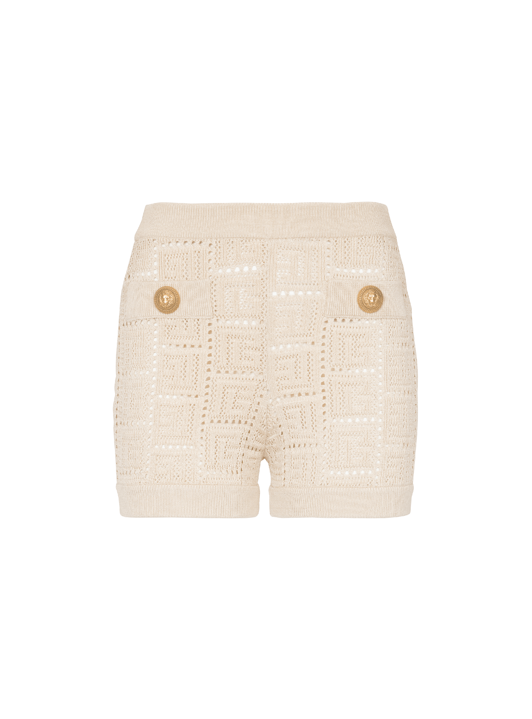Shorts corti in maglia traforata con monogramma, beige, hi-res