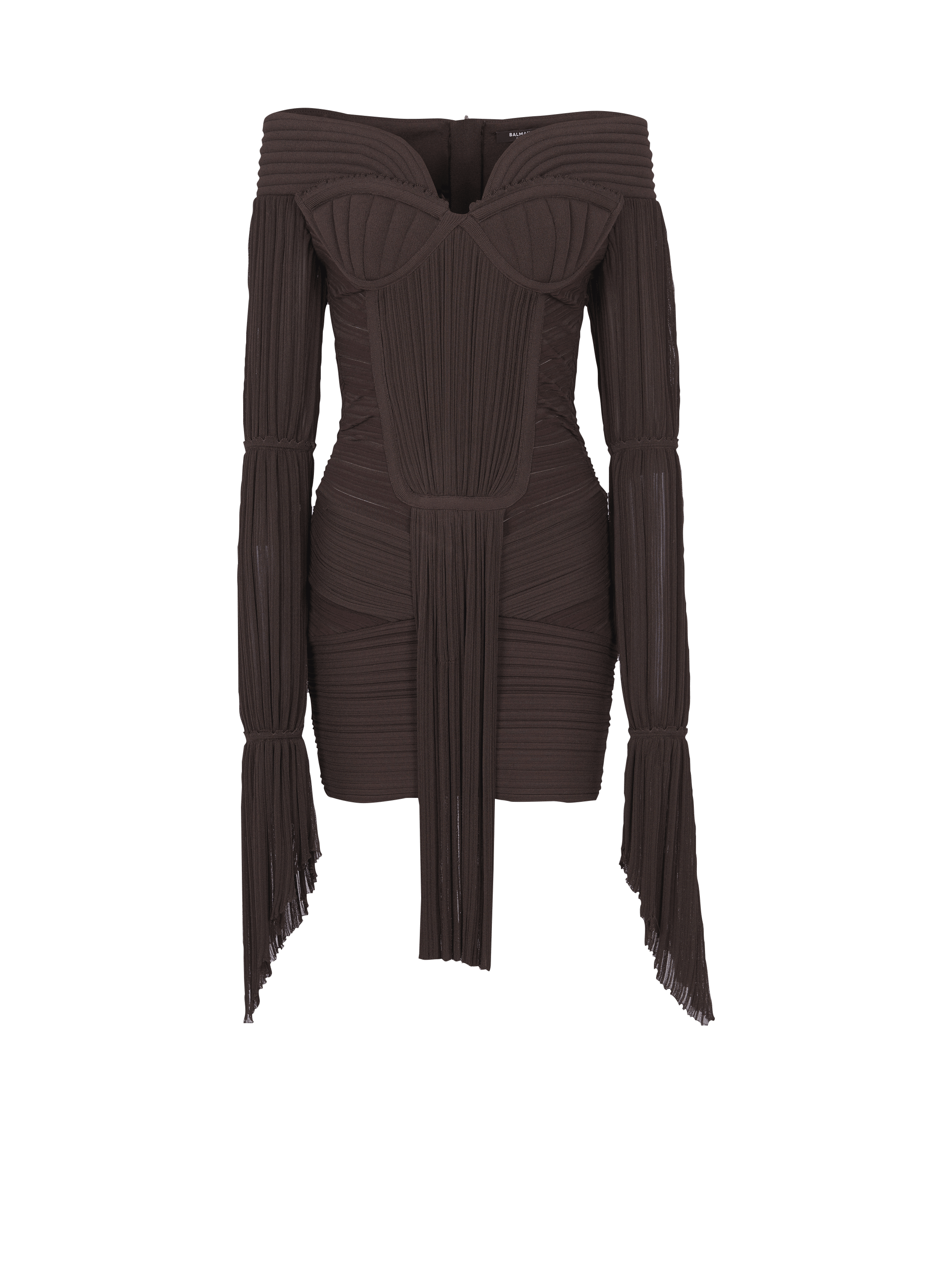 Kurzes drapiertes Kleid aus plissiertem Strick, braun, hi-res