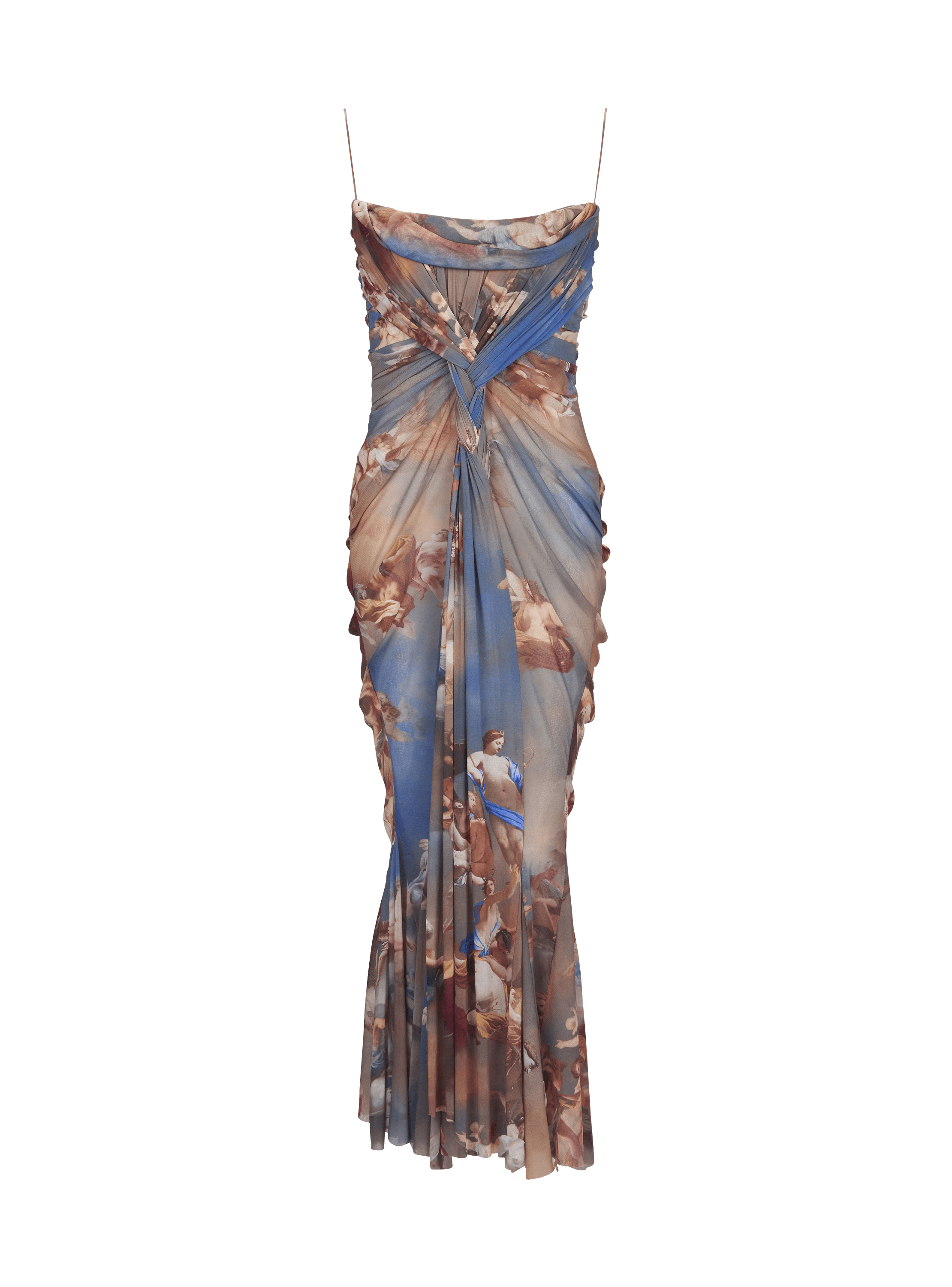 Robe longue drapée en tulle imprimé Sky