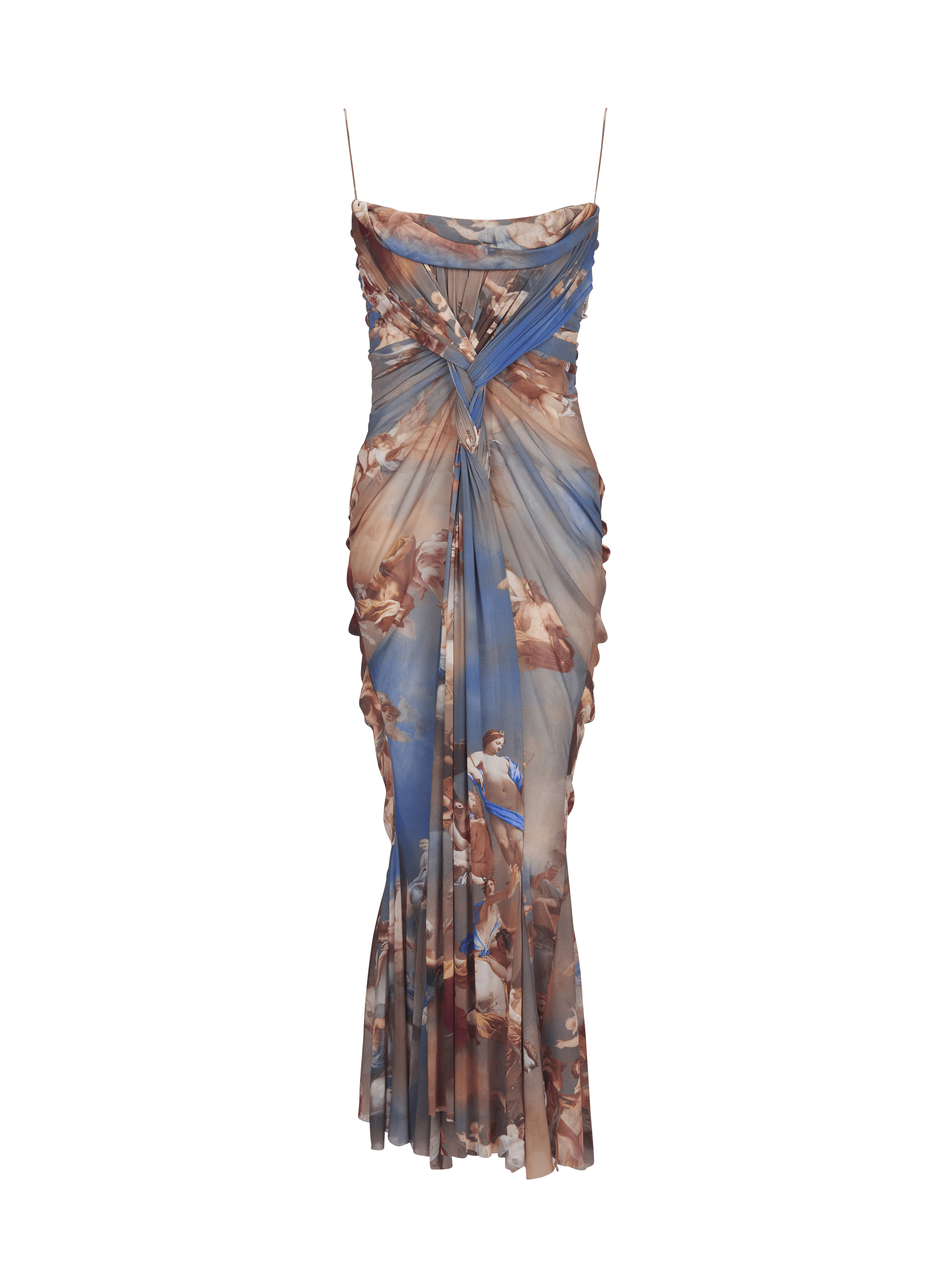 Sky printed draped tulle maxi dress