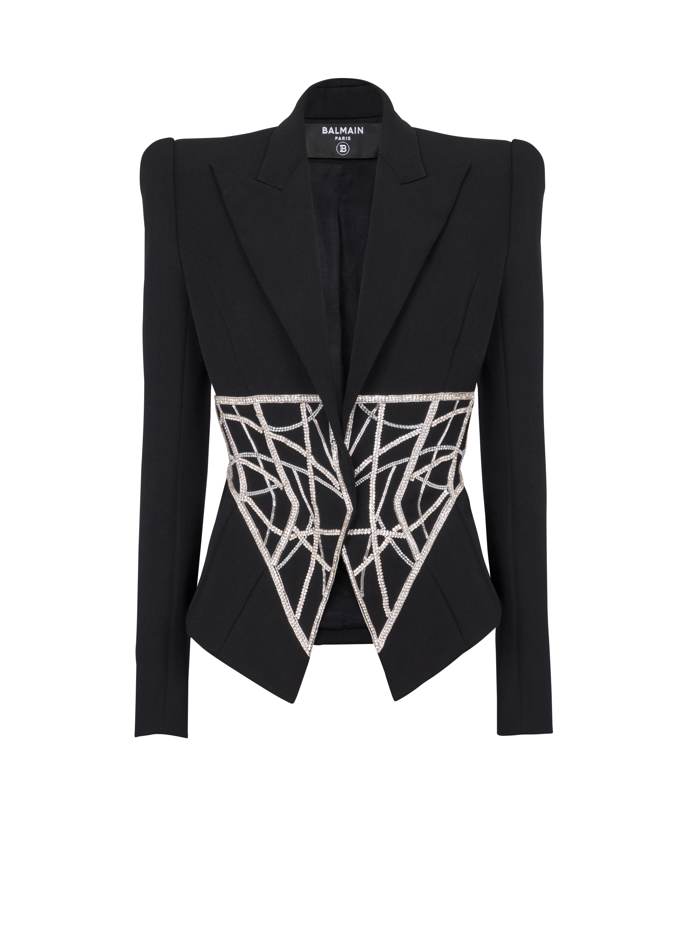 Taillierte Jacke aus besticktem Grain-de-Poudre, schwarz, hi-res
