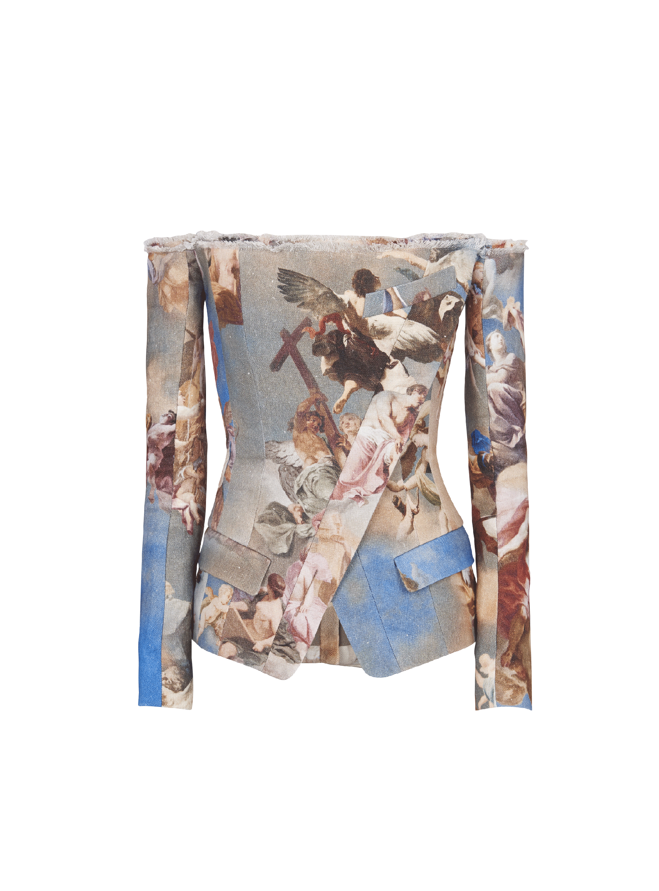Schulterfreier Blazer aus Leinen mit Sky-Print, multicolor, hi-res