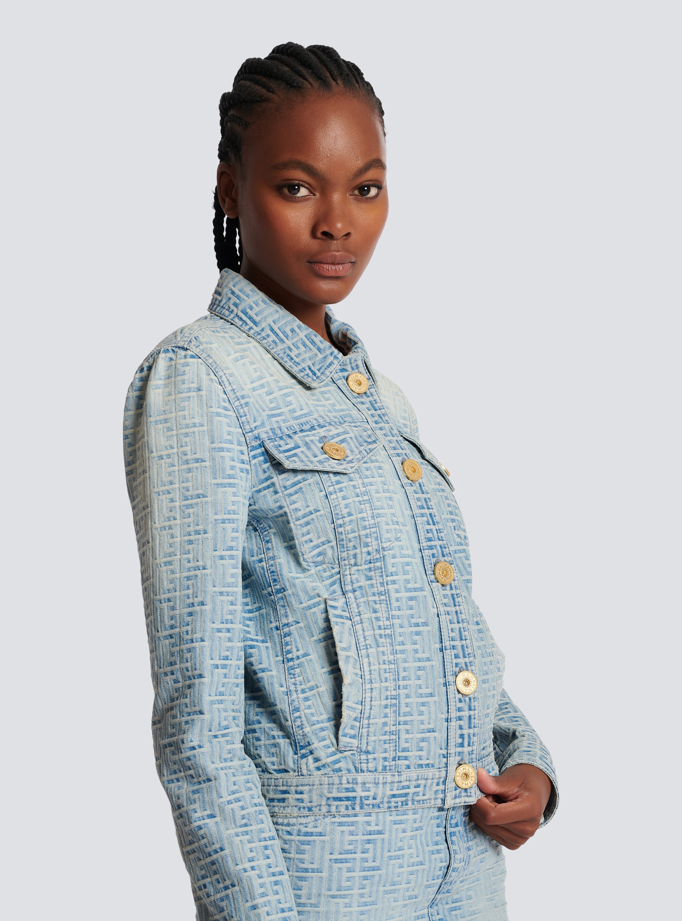 Balmain - monogram-jacquard Denim Jacket - Womens - Light Denim