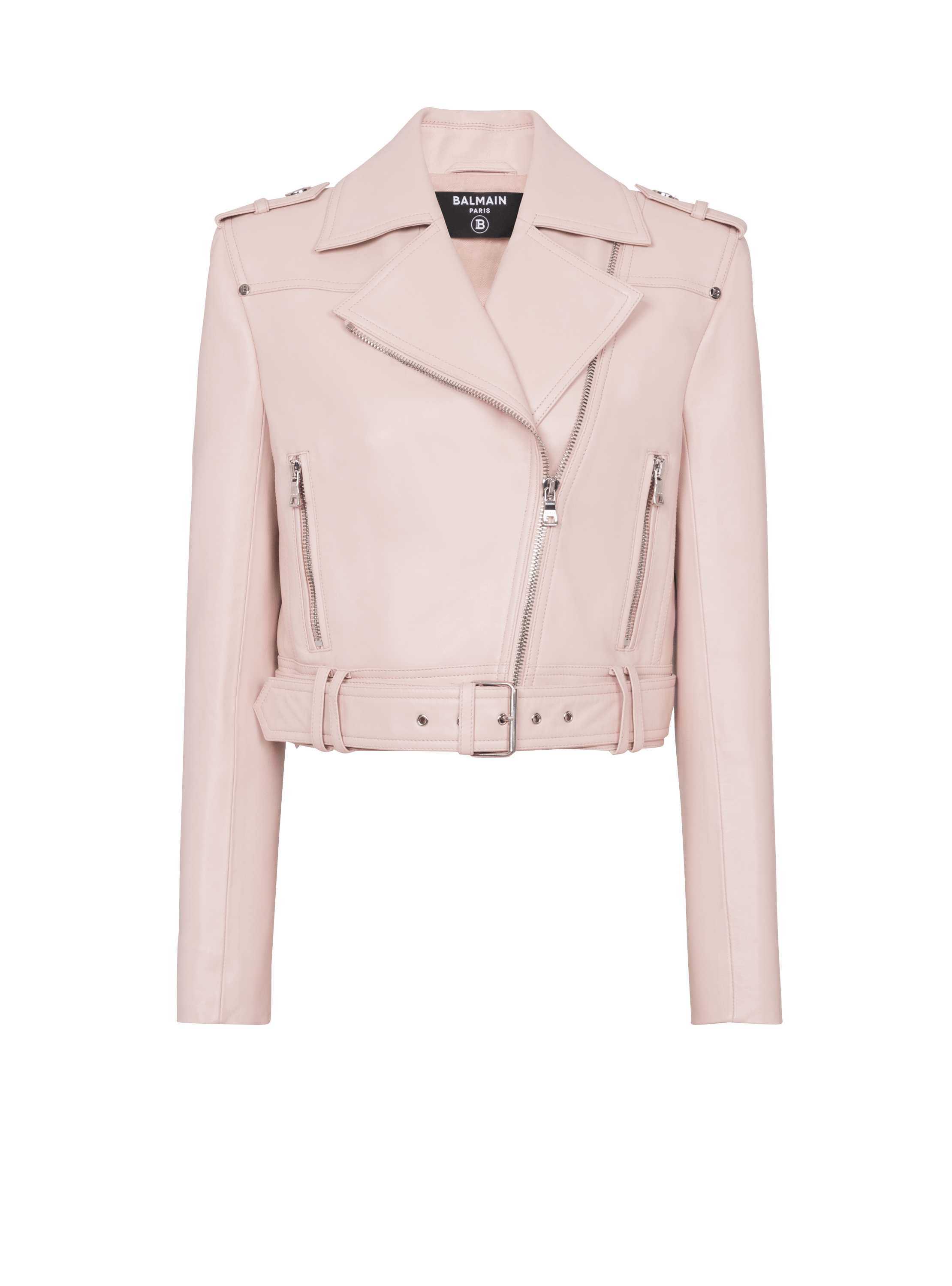 Pink cropped outlet leather jacket