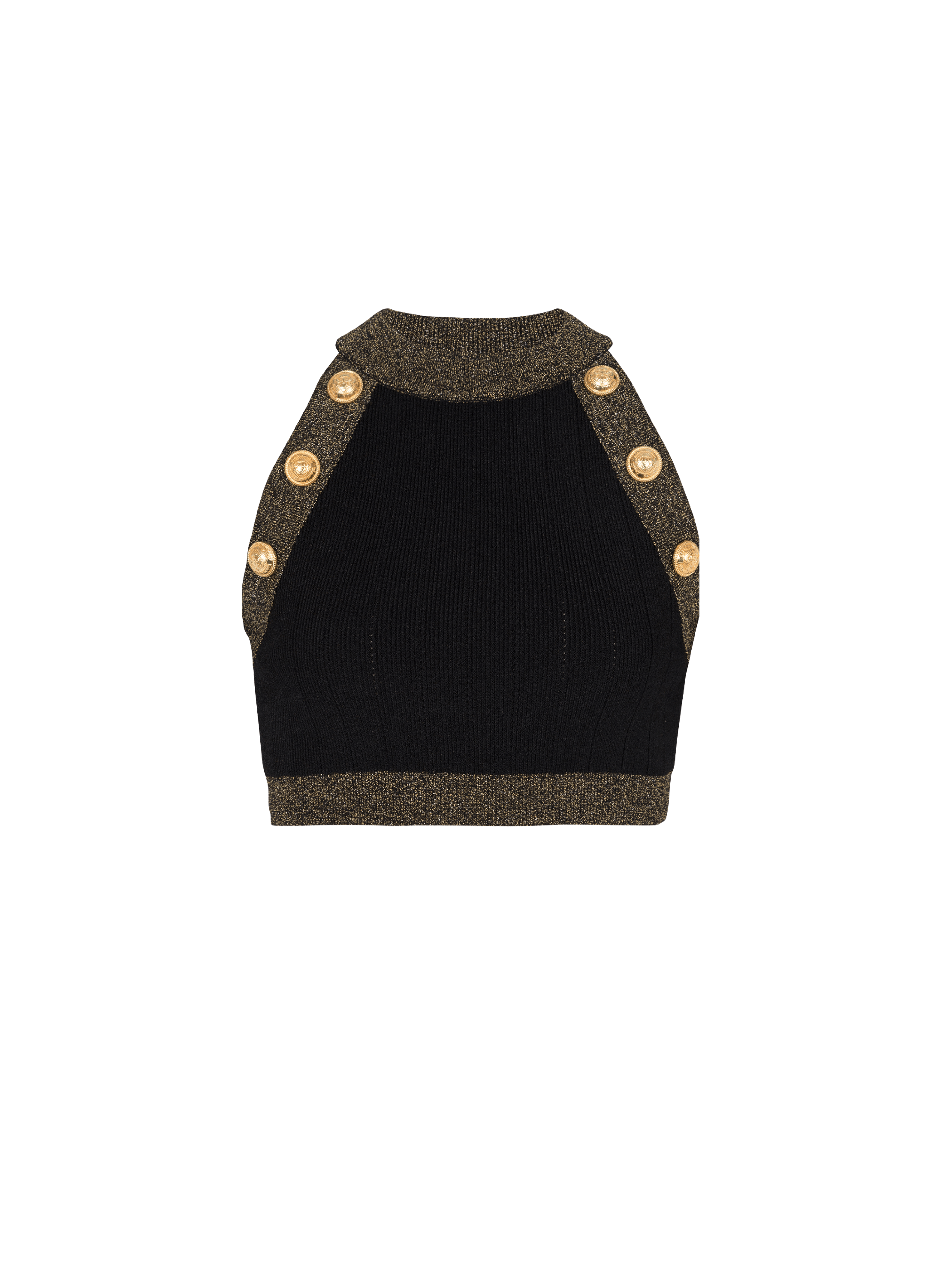 Gold-trimmed knit crop top, black, hi-res