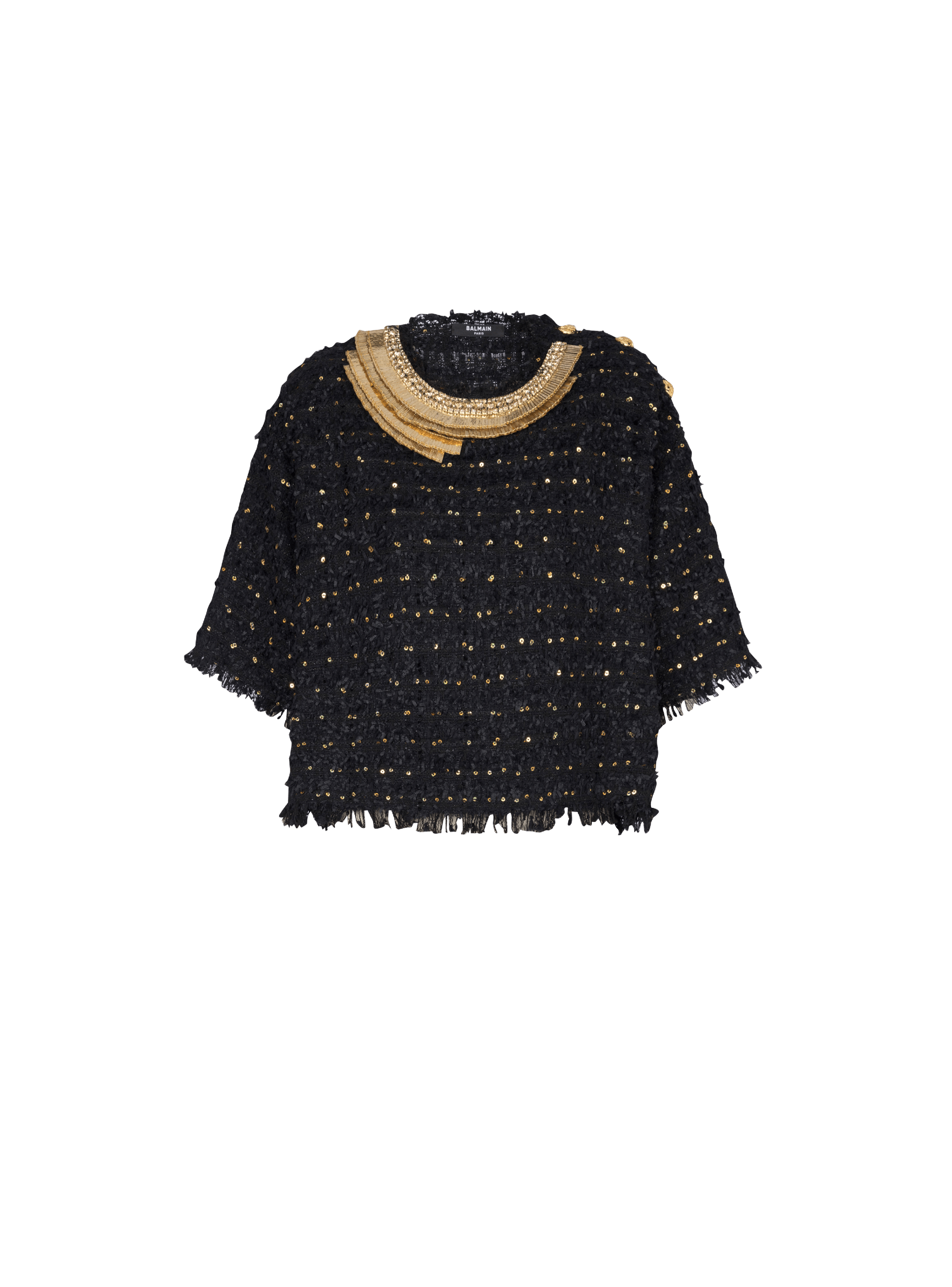 Embroidered tweed crop top, black, hi-res