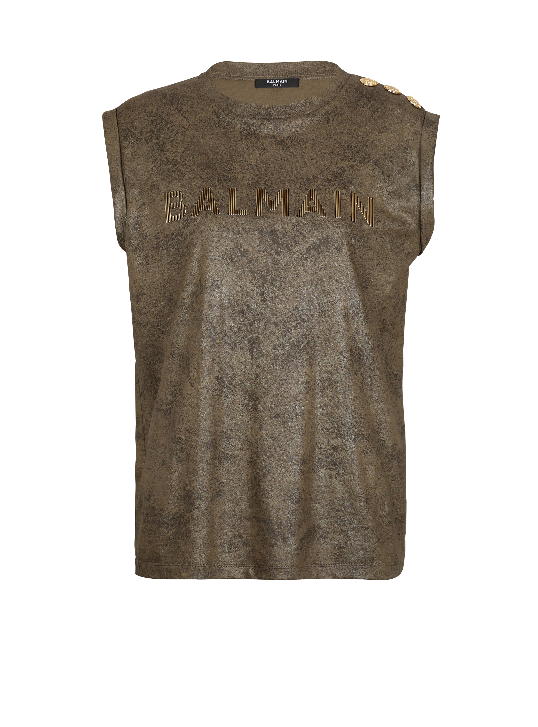 Camiseta de algodón ecológico con el logotipo de Balmain estampado, caqui, hi-res