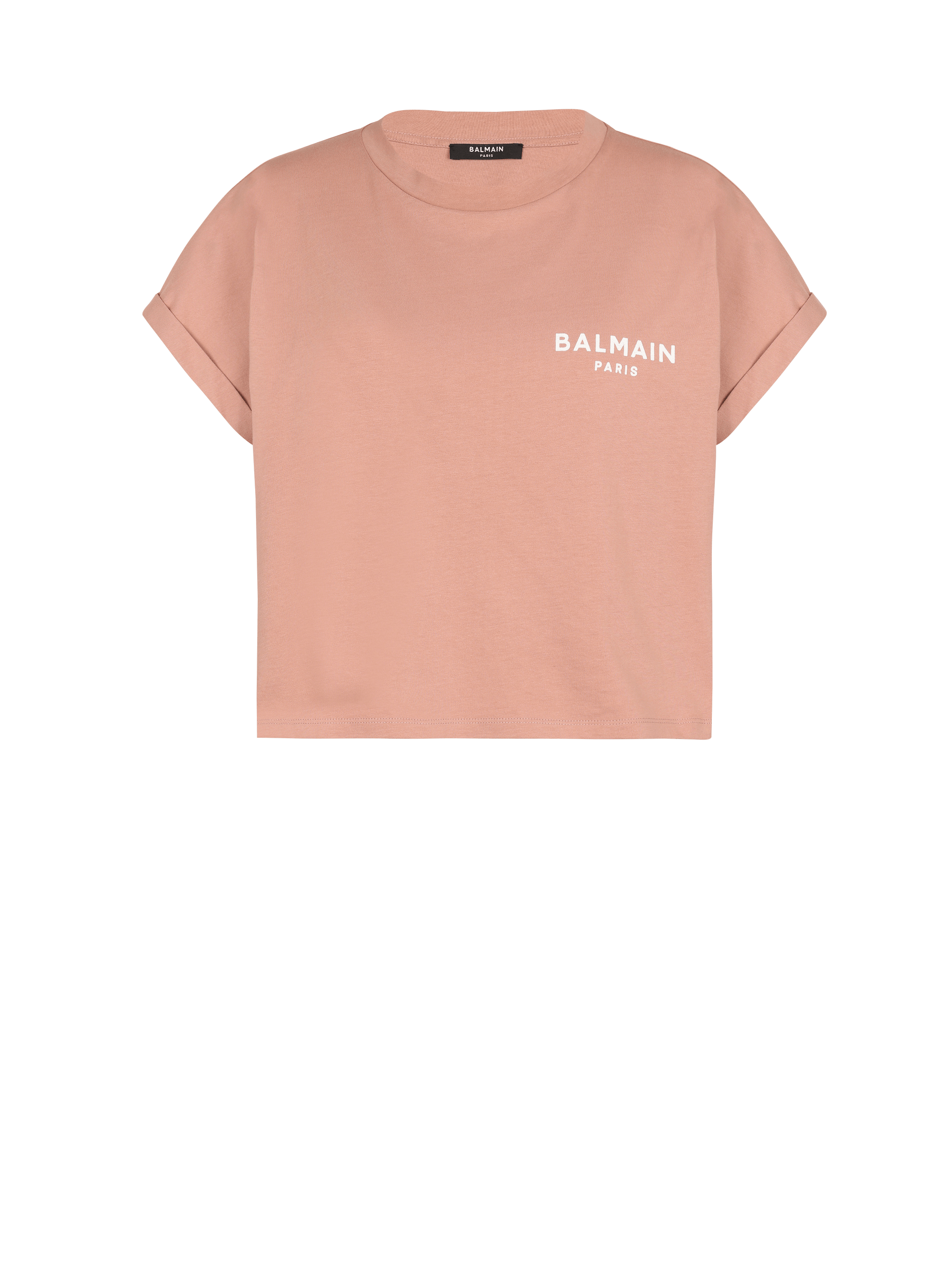 Kurzes T-Shirt aus Öko-Baumwolle mit aufgedrucktem Balmain-Logo, rosa, hi-res