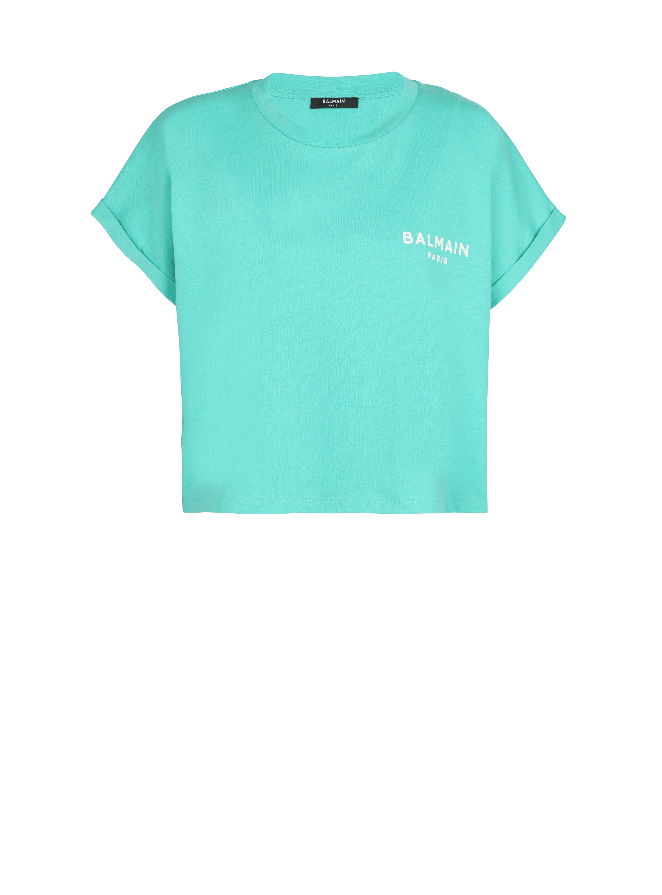 Eco-responsible cropped cotton T-shirt with Balmain logo print, blue, hi-res
