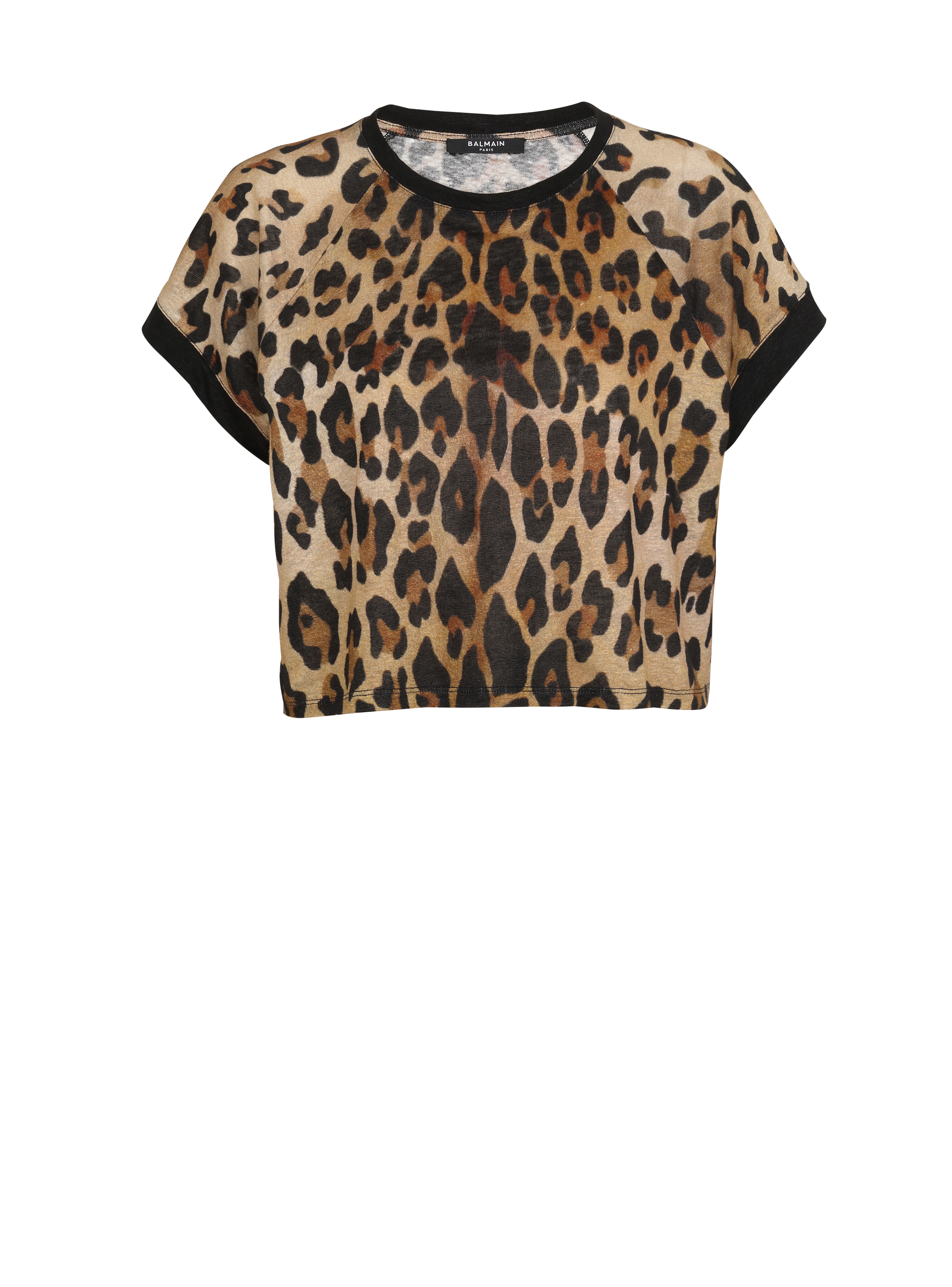 Cropped linen T-shirt with leopard print, brown, hi-res