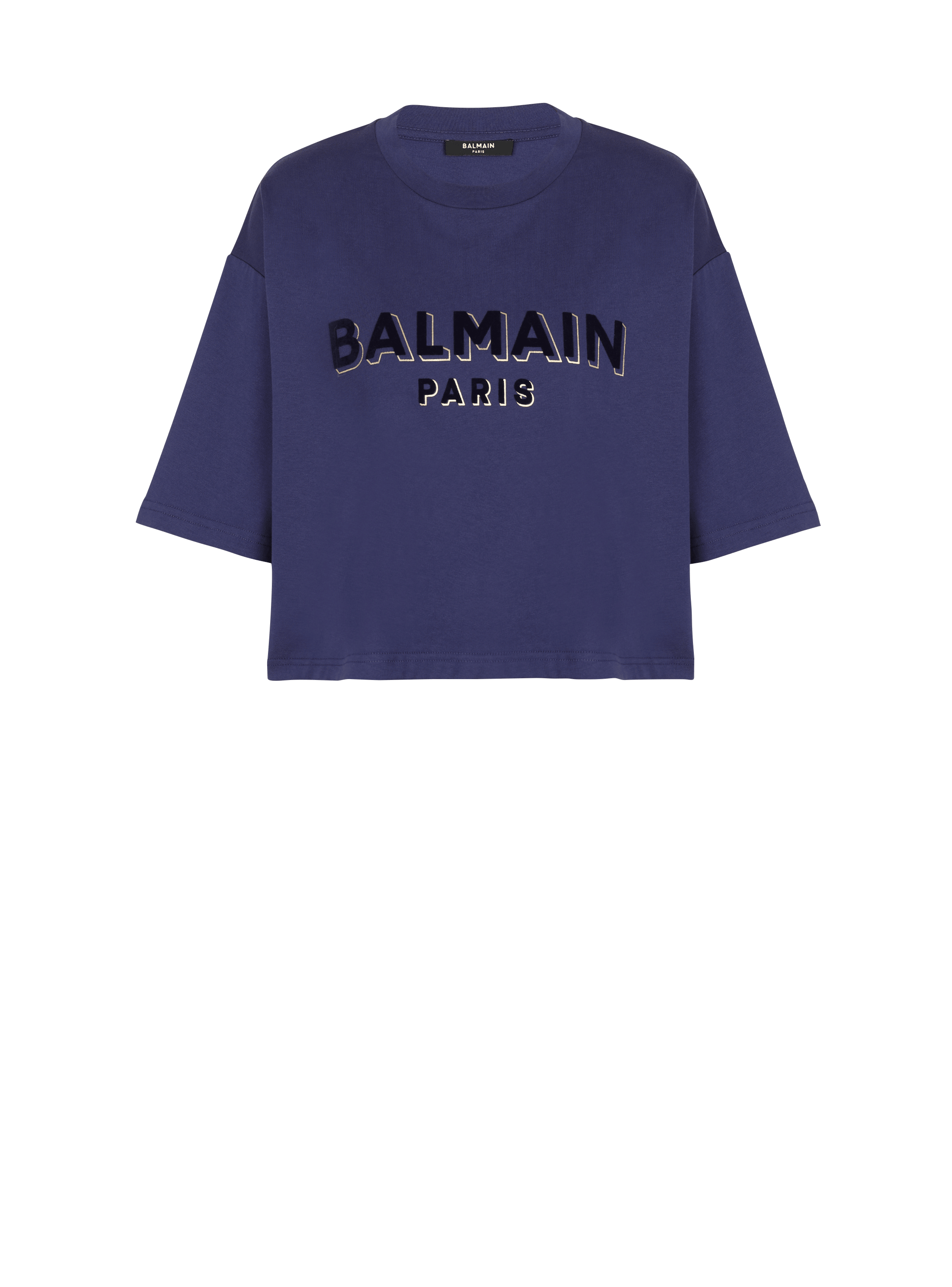 Camiseta corta de algodón con logotipo metálico serigrafiado de Balmain, azul, hi-res
