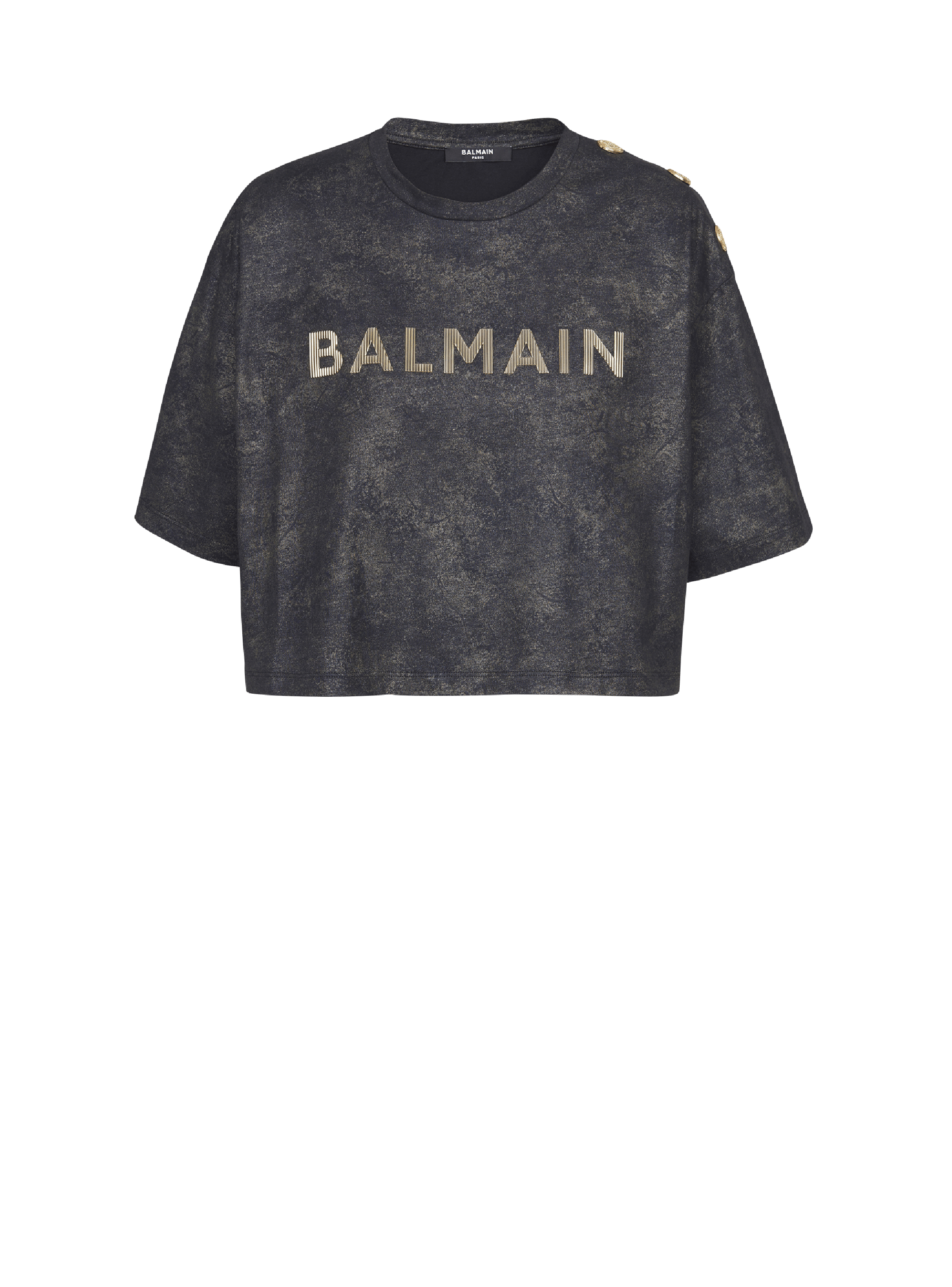 Kurzes T-Shirt aus Öko-Baumwolle mit aufgedrucktem strukturiertem Balmain-Logo