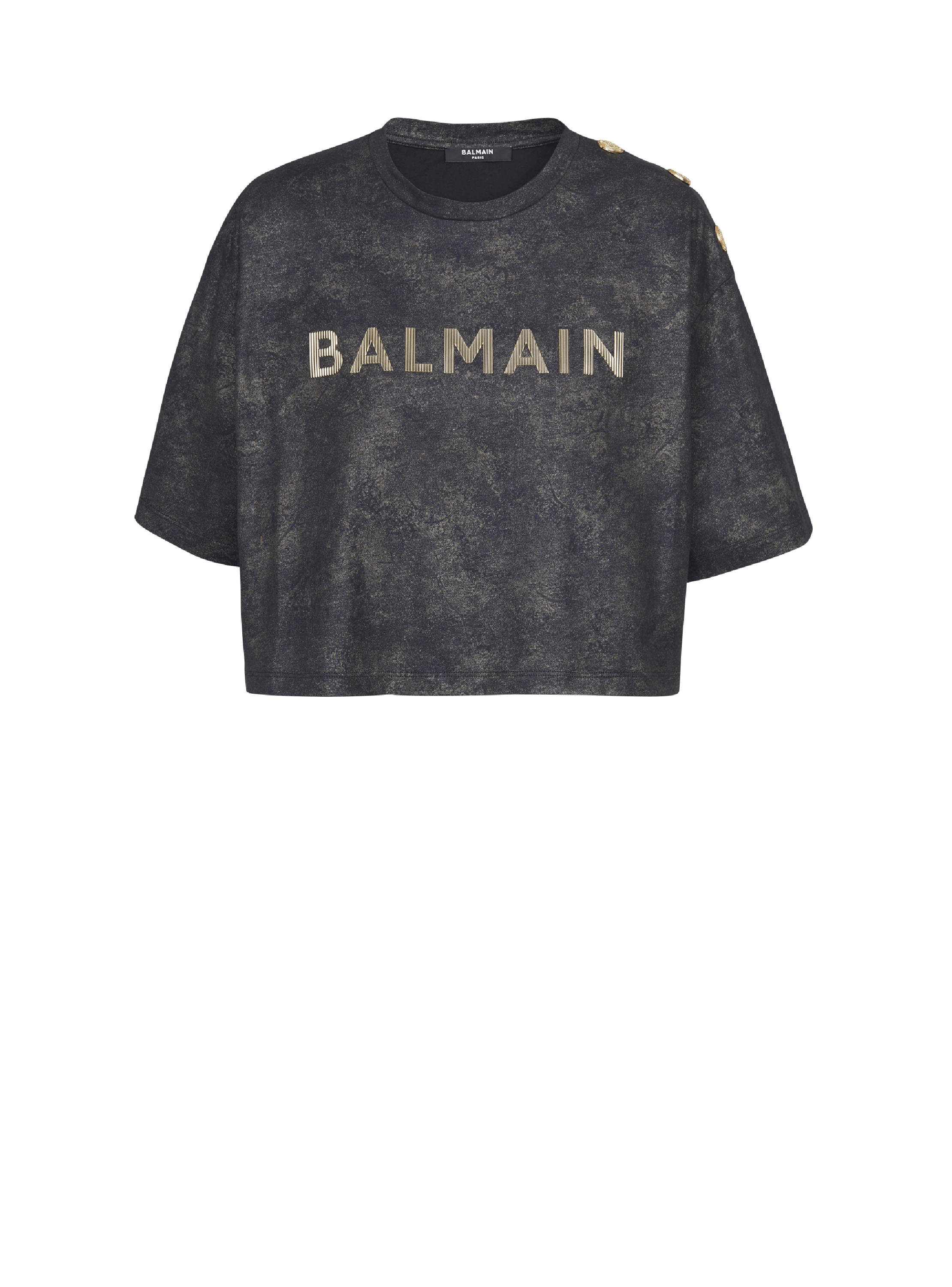 Cropped eco-responsible cotton T-shirt with textured Balmain logo print, black, hi-res
