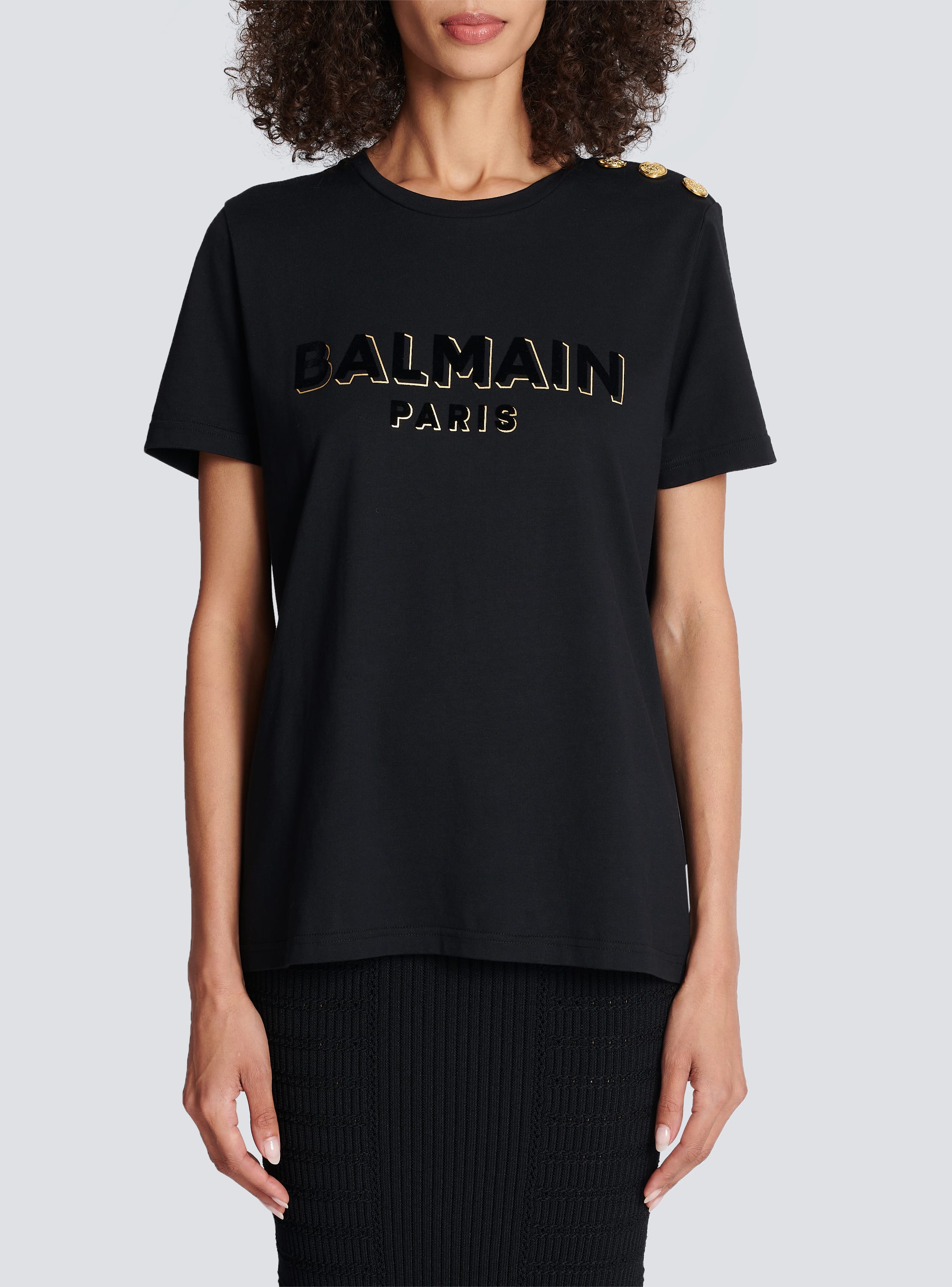 Cotton with flocked metallic Balmain logo black Women | BALMAIN