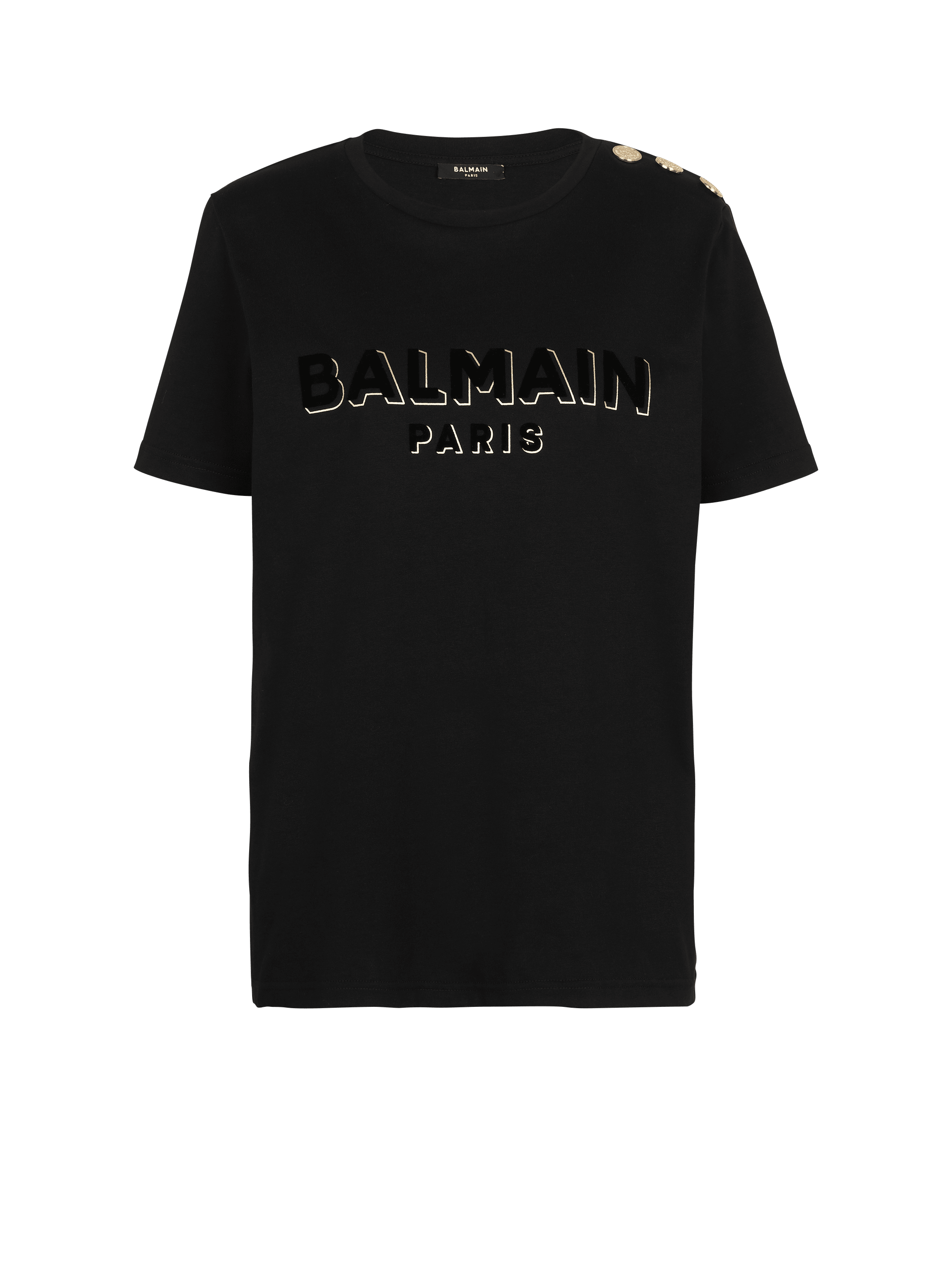 Cotton T-shirt with flocked metallic Balmain logo, black, hi-res