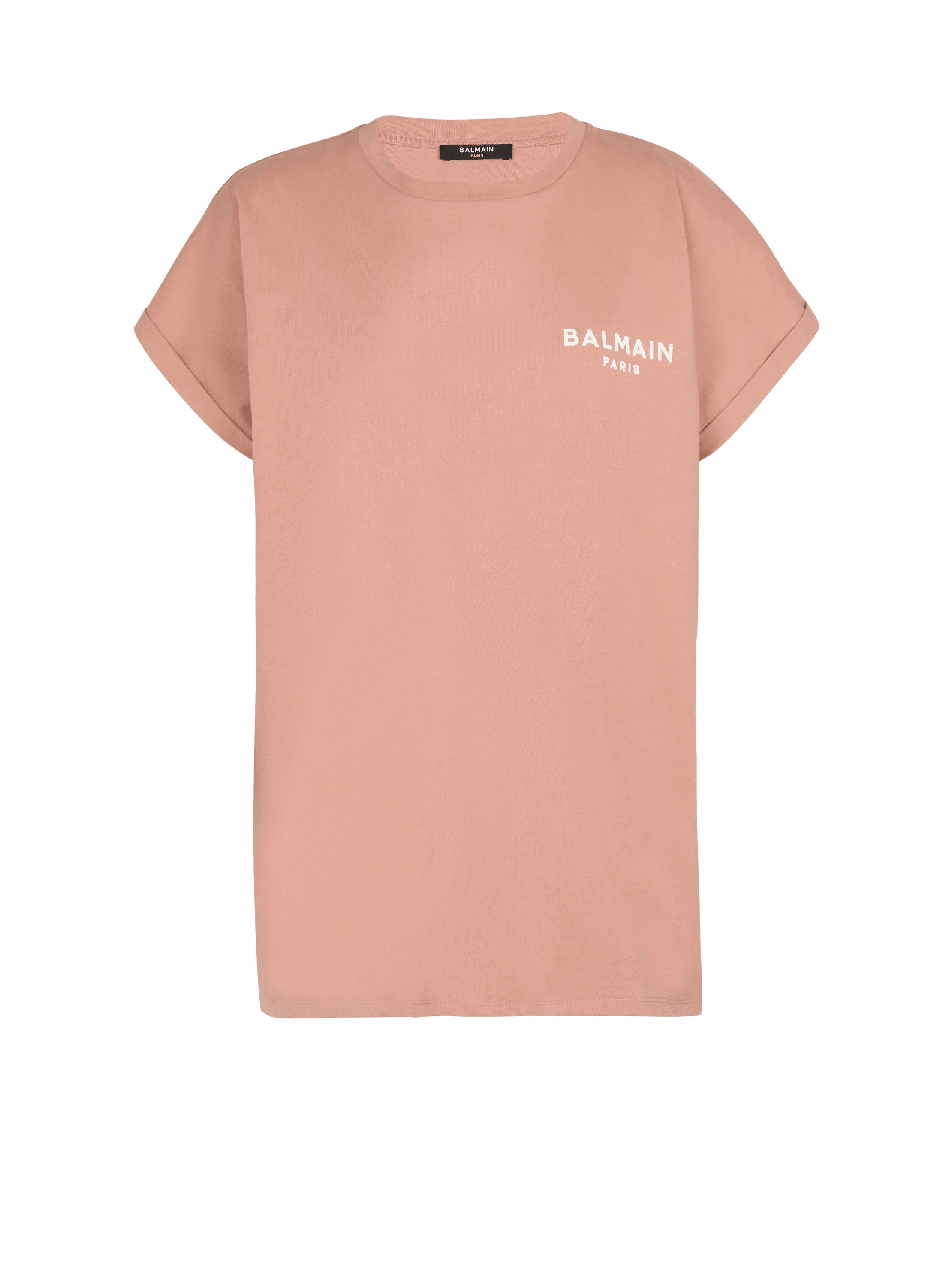 Eco-responsible cotton T-shirt with Balmain logo print, pink, hi-res