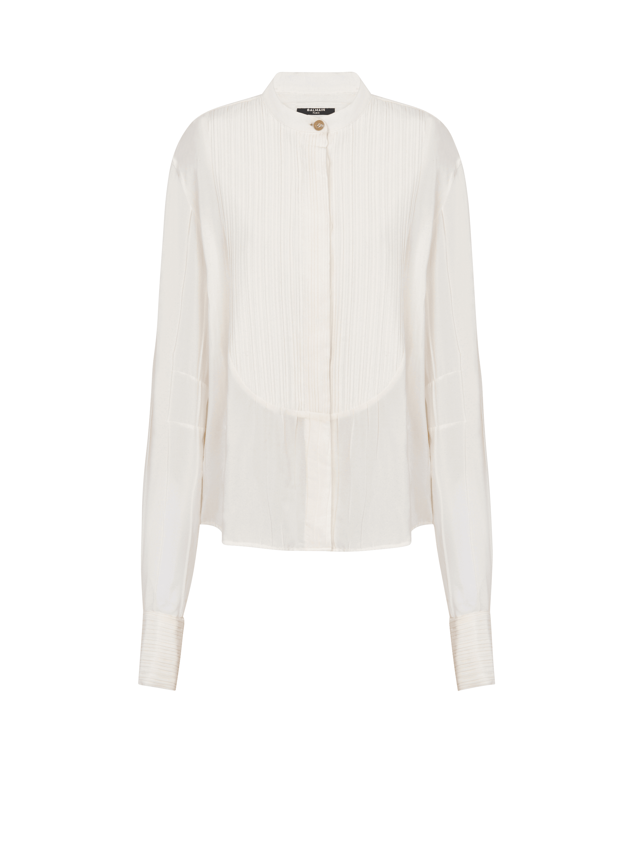 Camisa con pechera plisada de crepé, blanco, hi-res