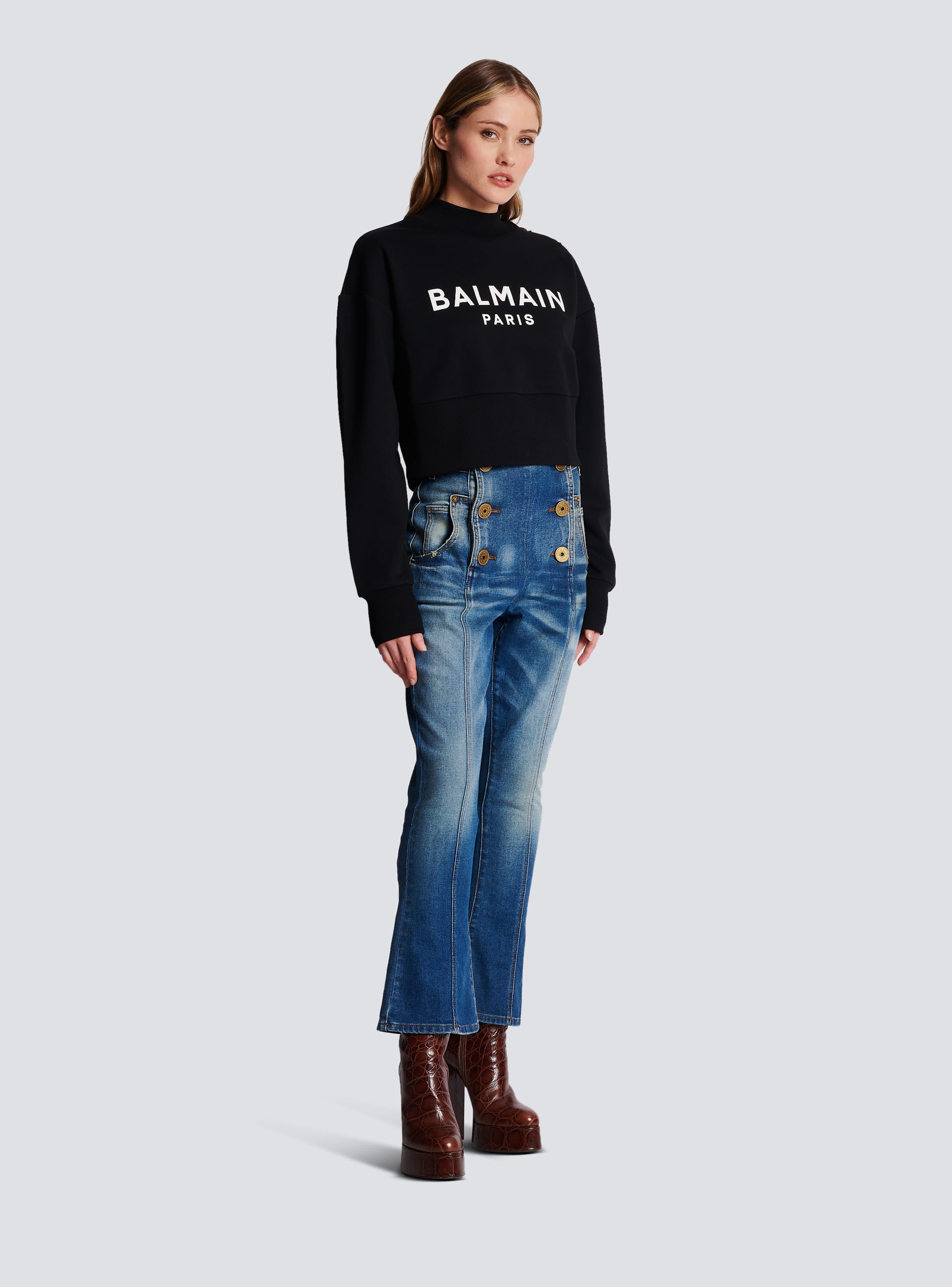 Eco responsible cotton cropped sweatshirt with Balmain logo print