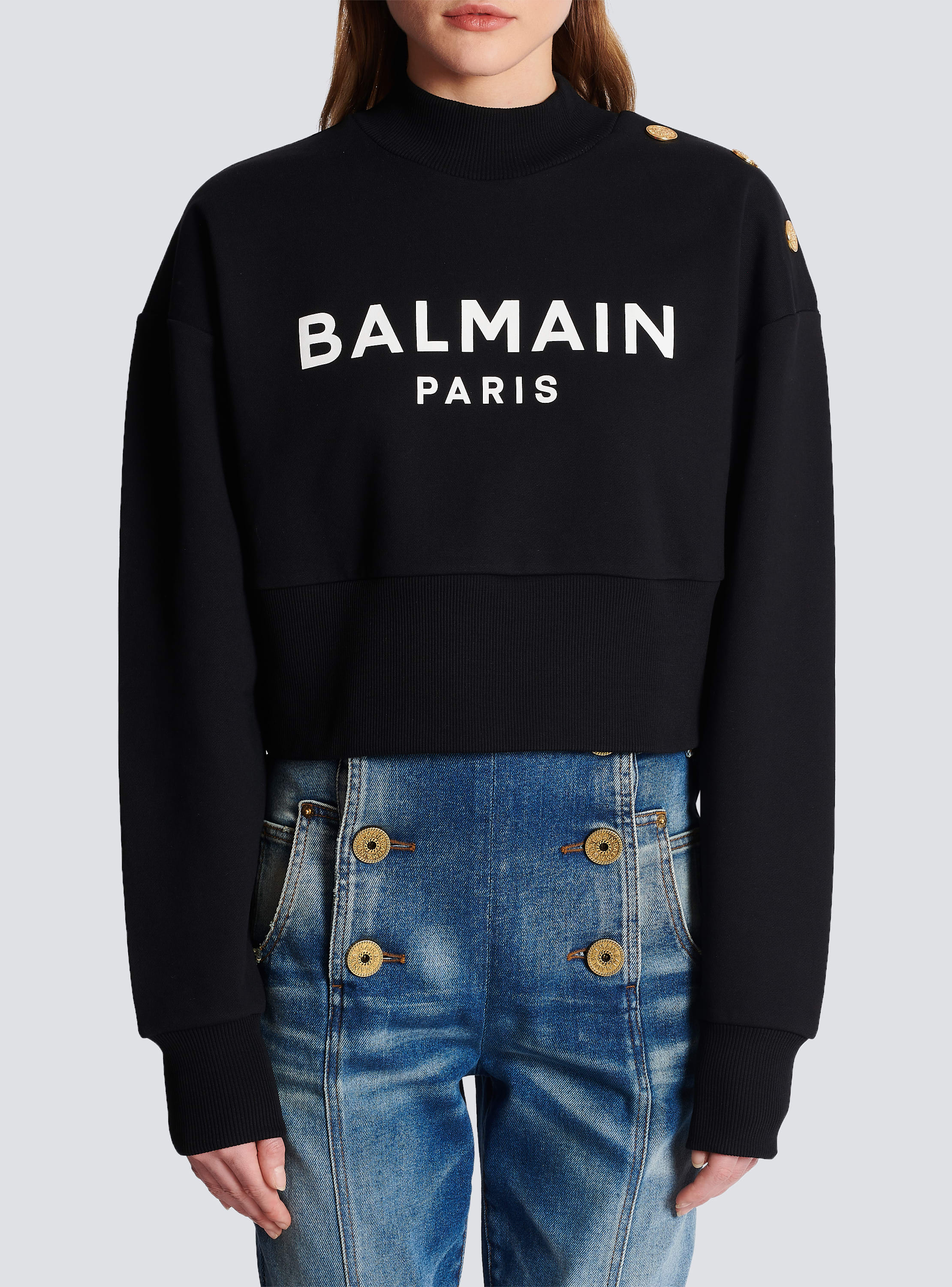 Eco-responsible cotton cropped sweatshirt with Balmain logo print