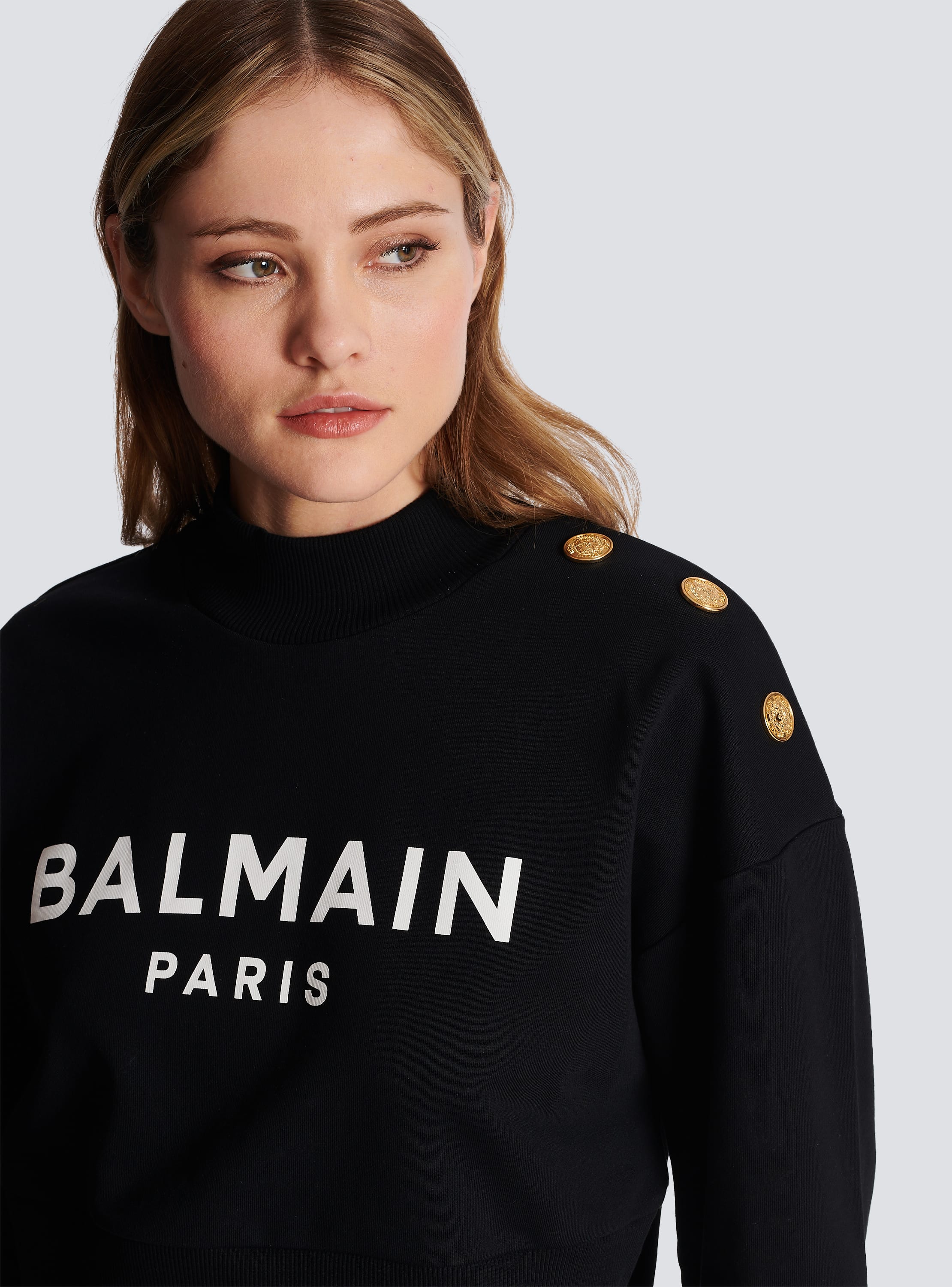 Eco-responsible cotton cropped sweatshirt with Balmain logo print black -  Women | BALMAIN