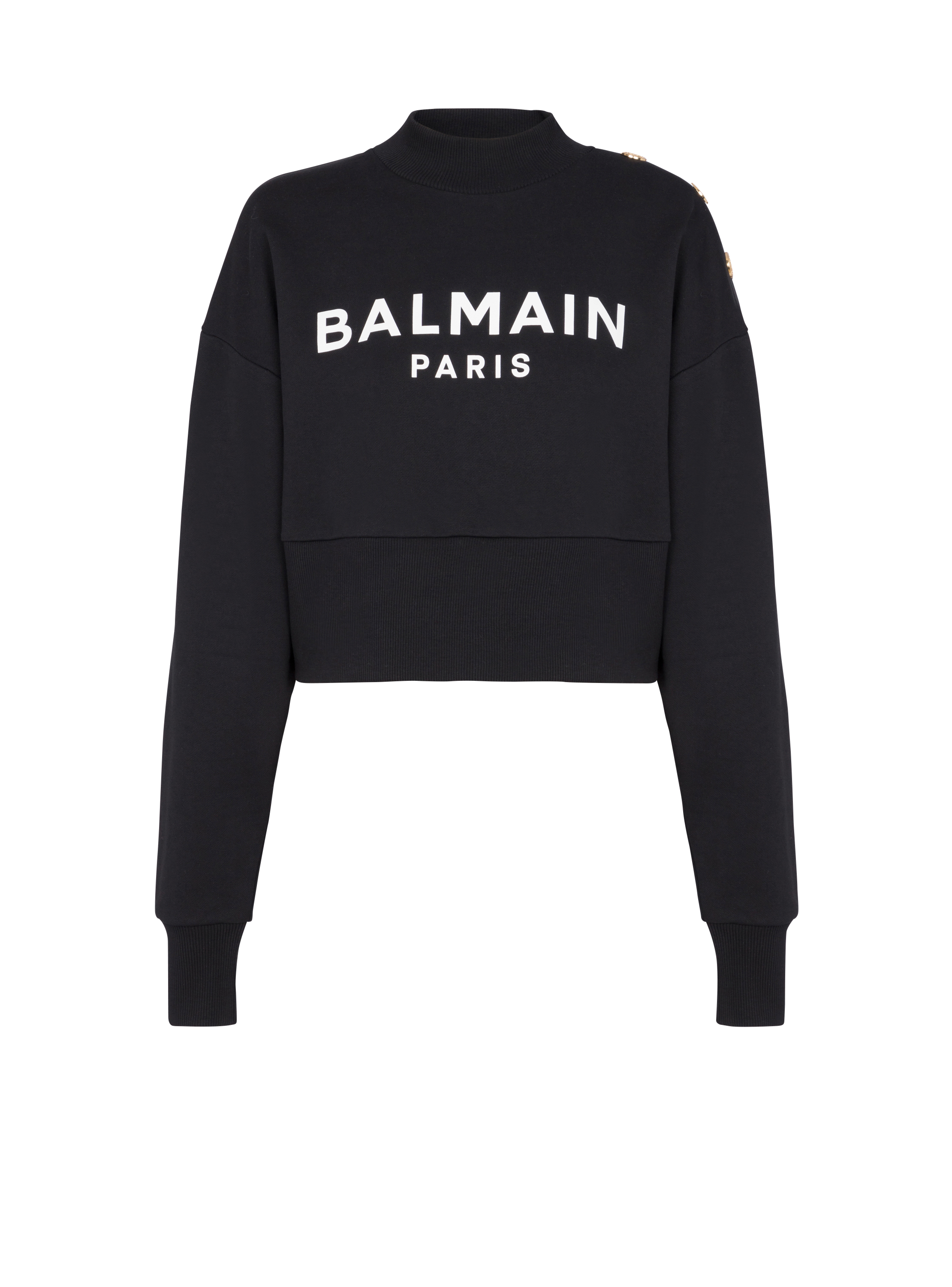 Balmain巴尔曼标志印花短款环保设计棉质运动衫, black, hi-res