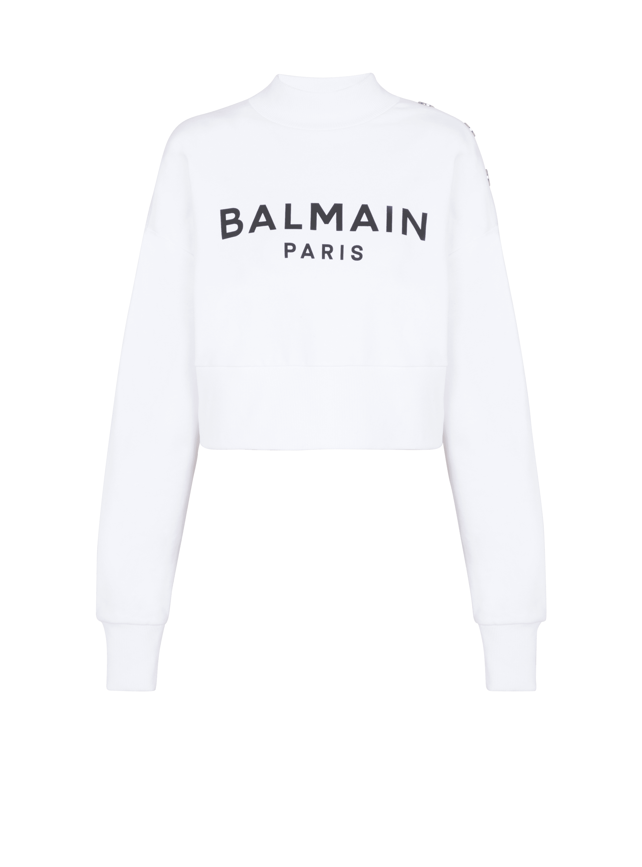 Eco-responsible cotton cropped sweatshirt with Balmain logo print, white, hi-res