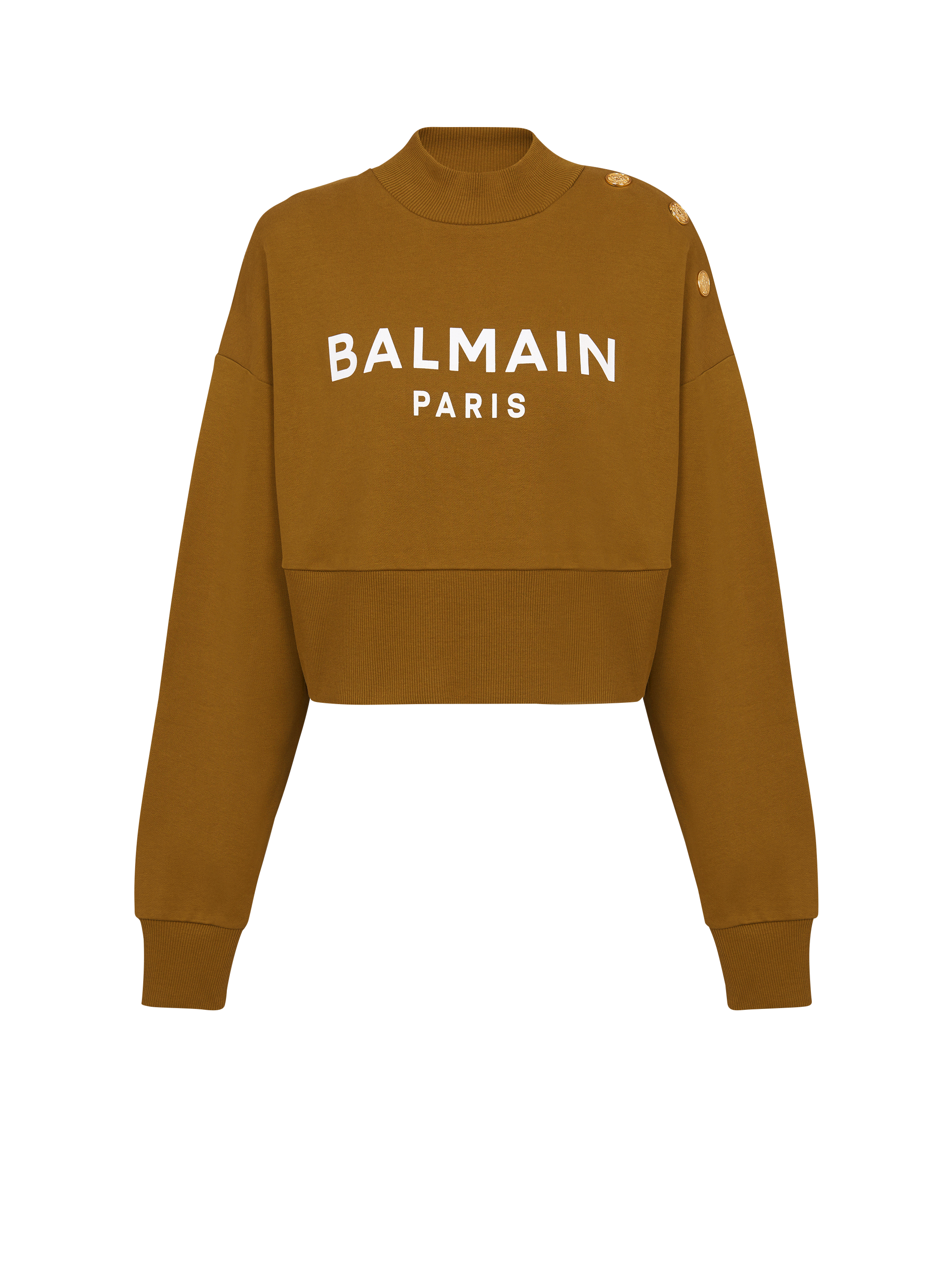 Balmain巴尔曼标志印花短款环保设计棉质运动衫, khaki, hi-res