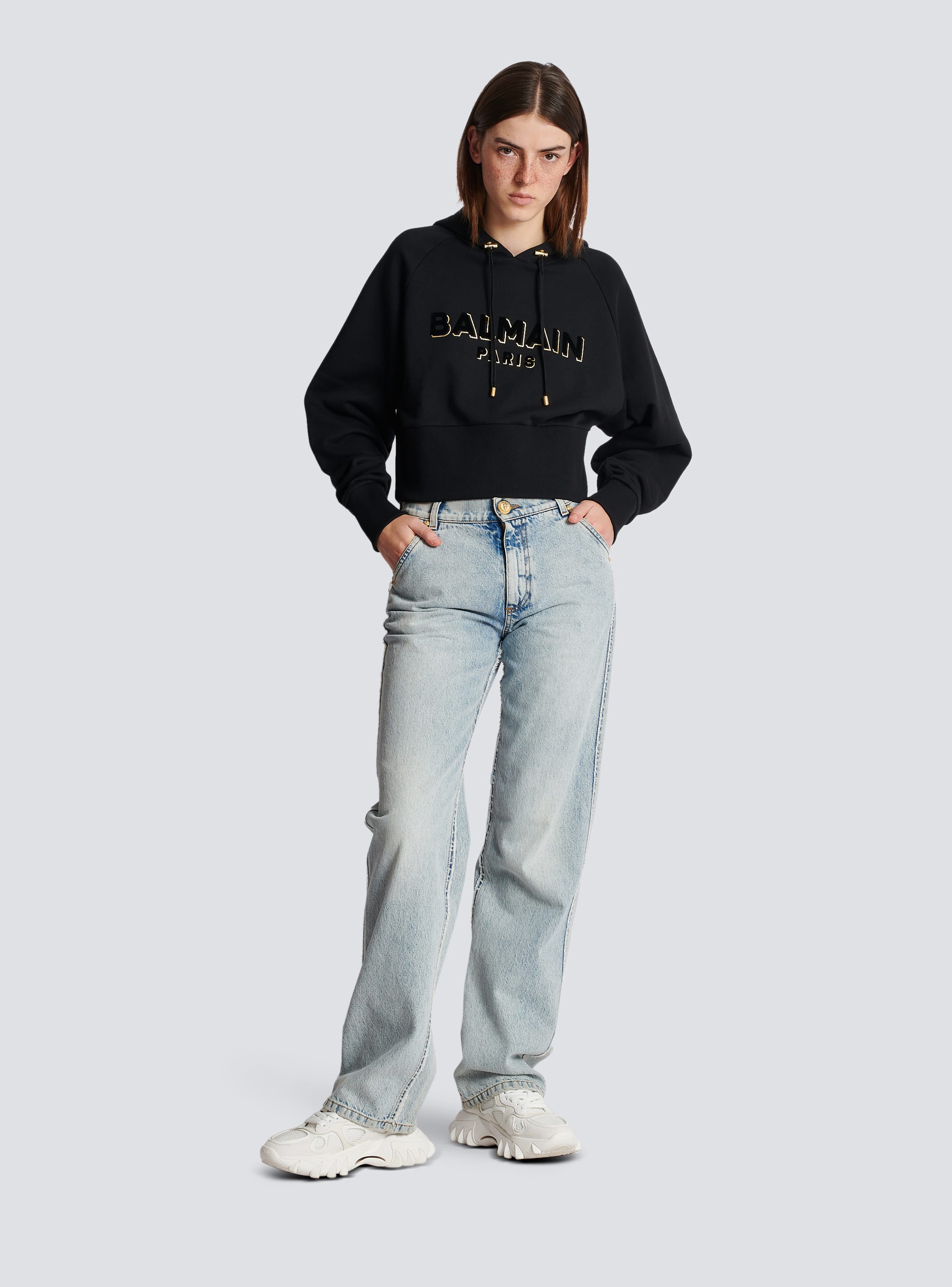 Cropped cotton sweatshirt with flocked metallic Balmain logo