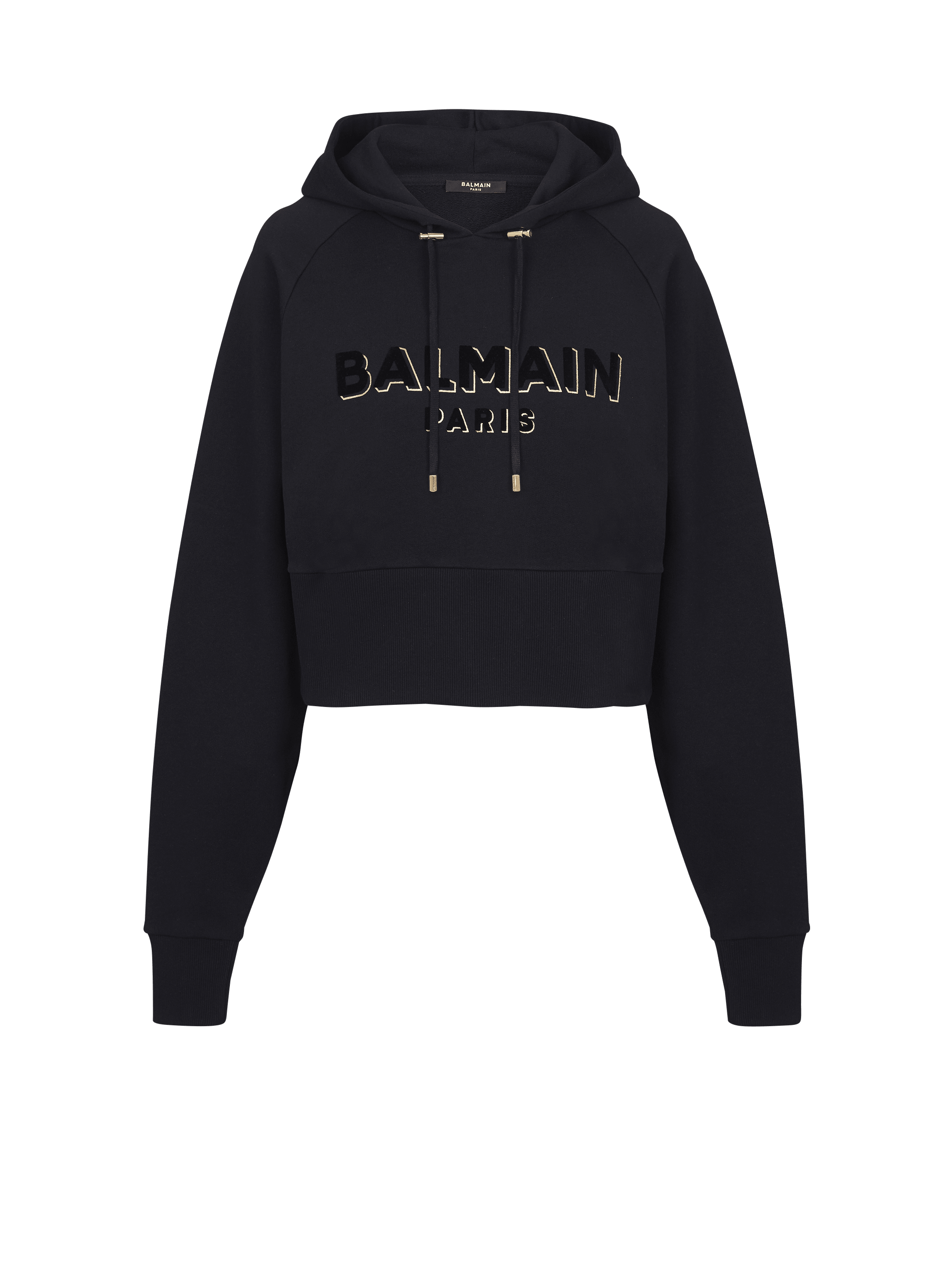 Kurzes Sweatshirt aus Baumwolle mit beflocktem Balmain Metallic-Logo, schwarz, hi-res