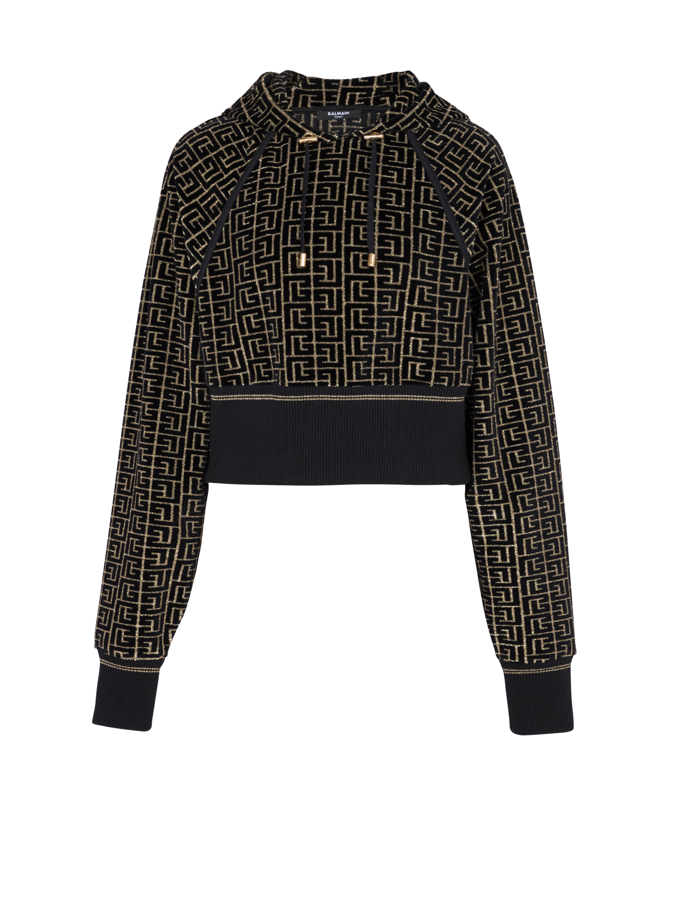 Monogrammed cropped cotton sweatshirt, black, hi-res