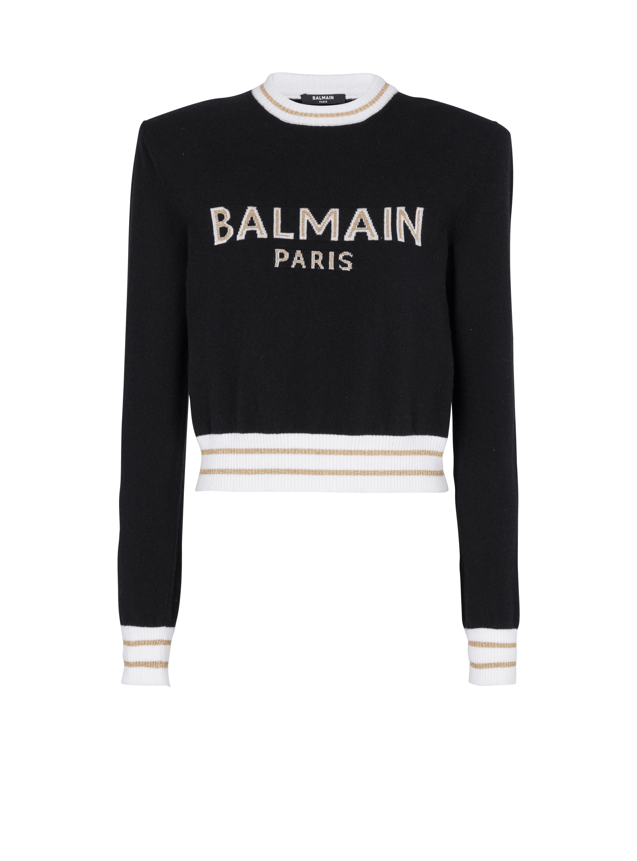 Kurzes Sweatshirt aus Wolle mit Balmain-Logo, schwarz, hi-res