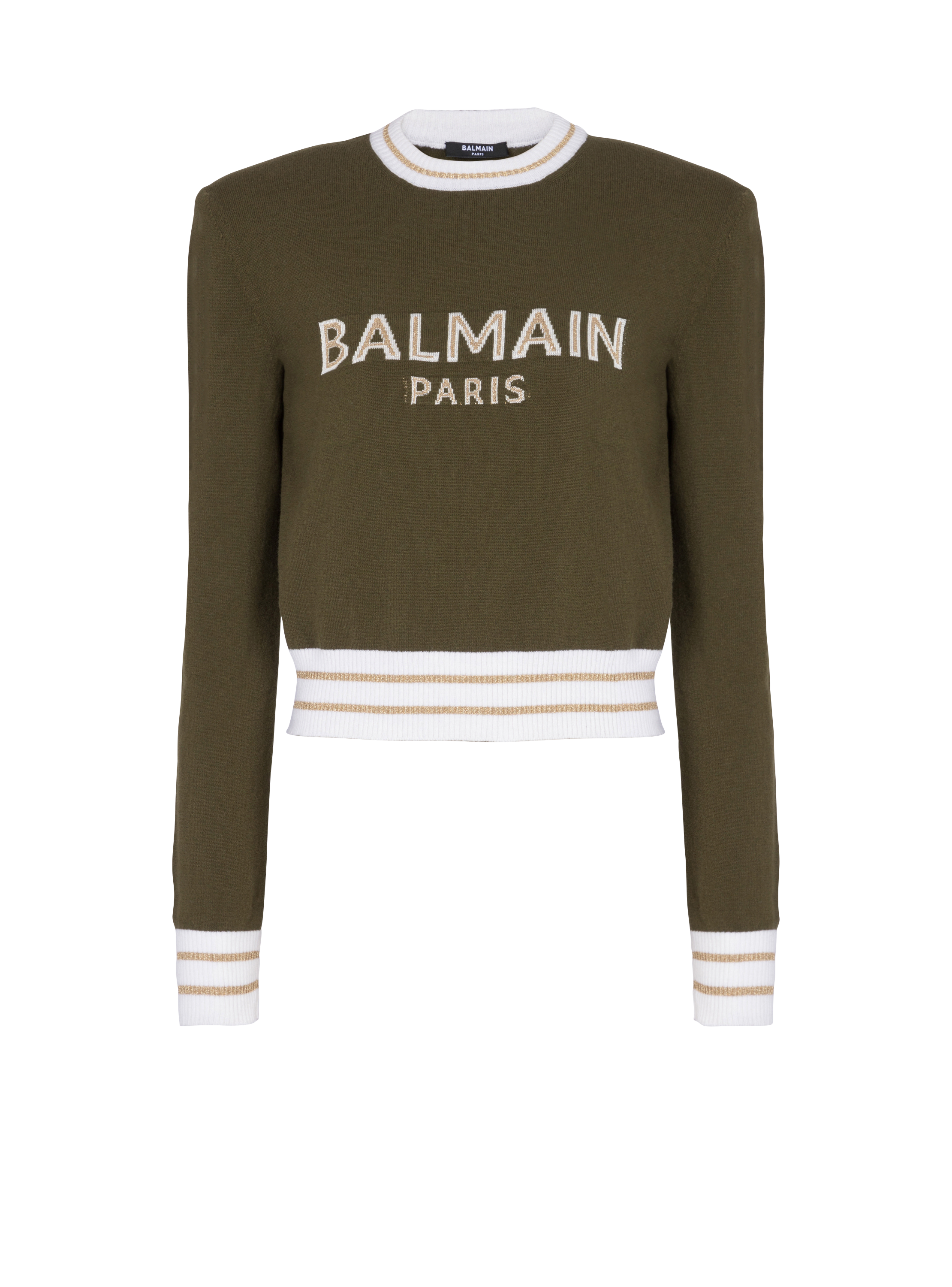 Cropped wool jumper with Balmain logo, khaki, hi-res