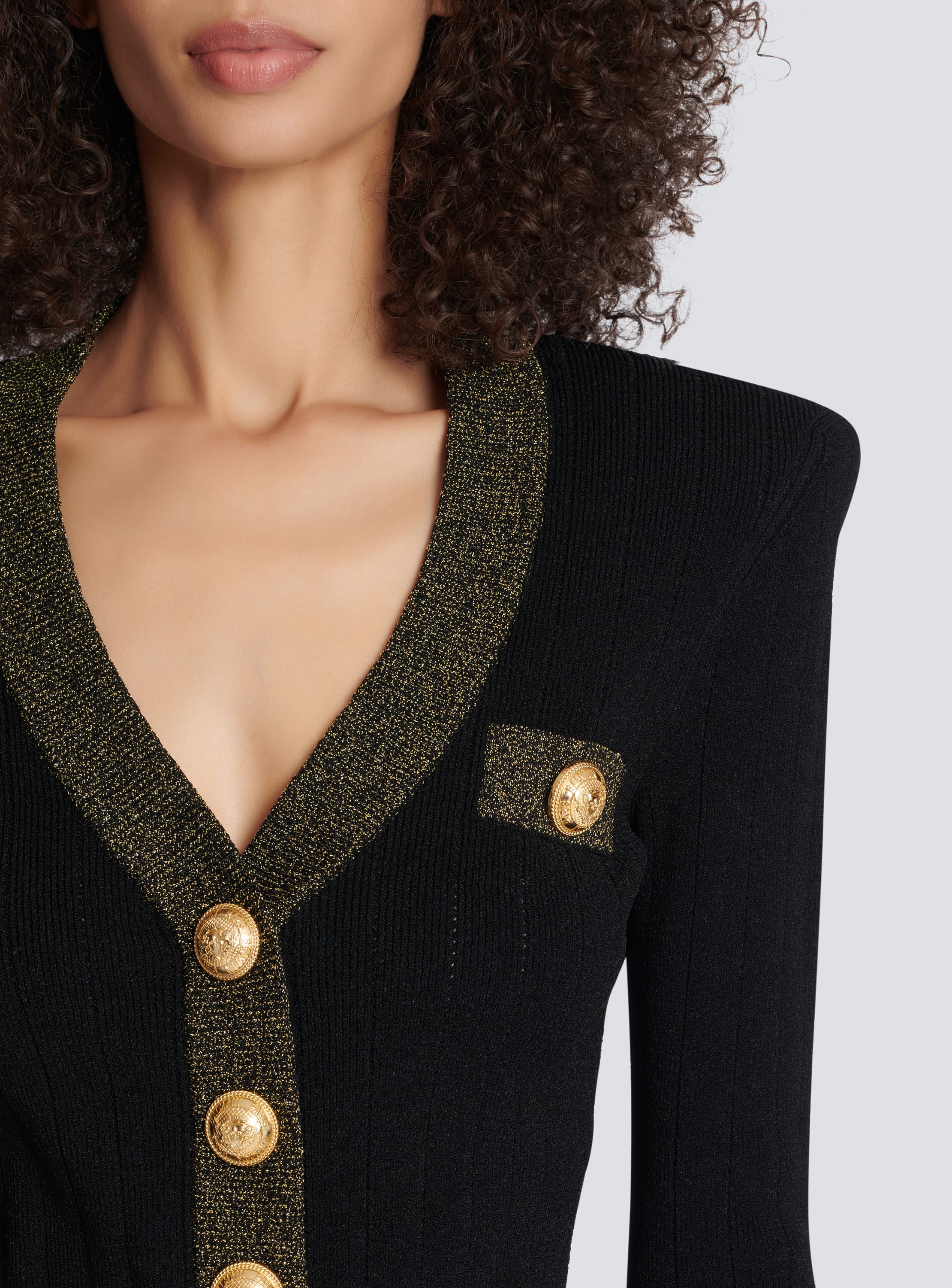 BALMAIN Button-embellished two-tone ribbed-knit cardigan