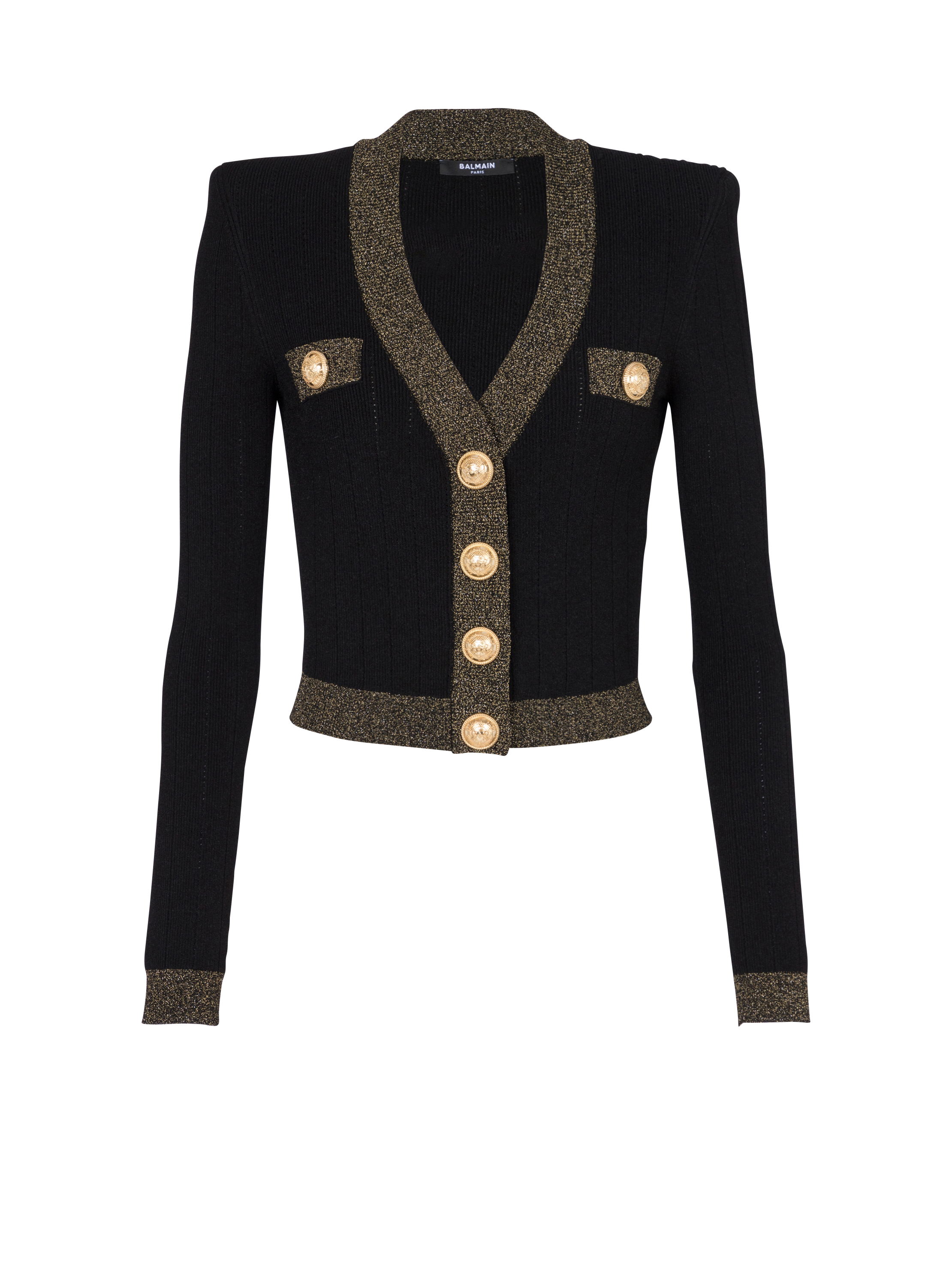 Cropped knit cardigan with gold trim black - Women | BALMAIN