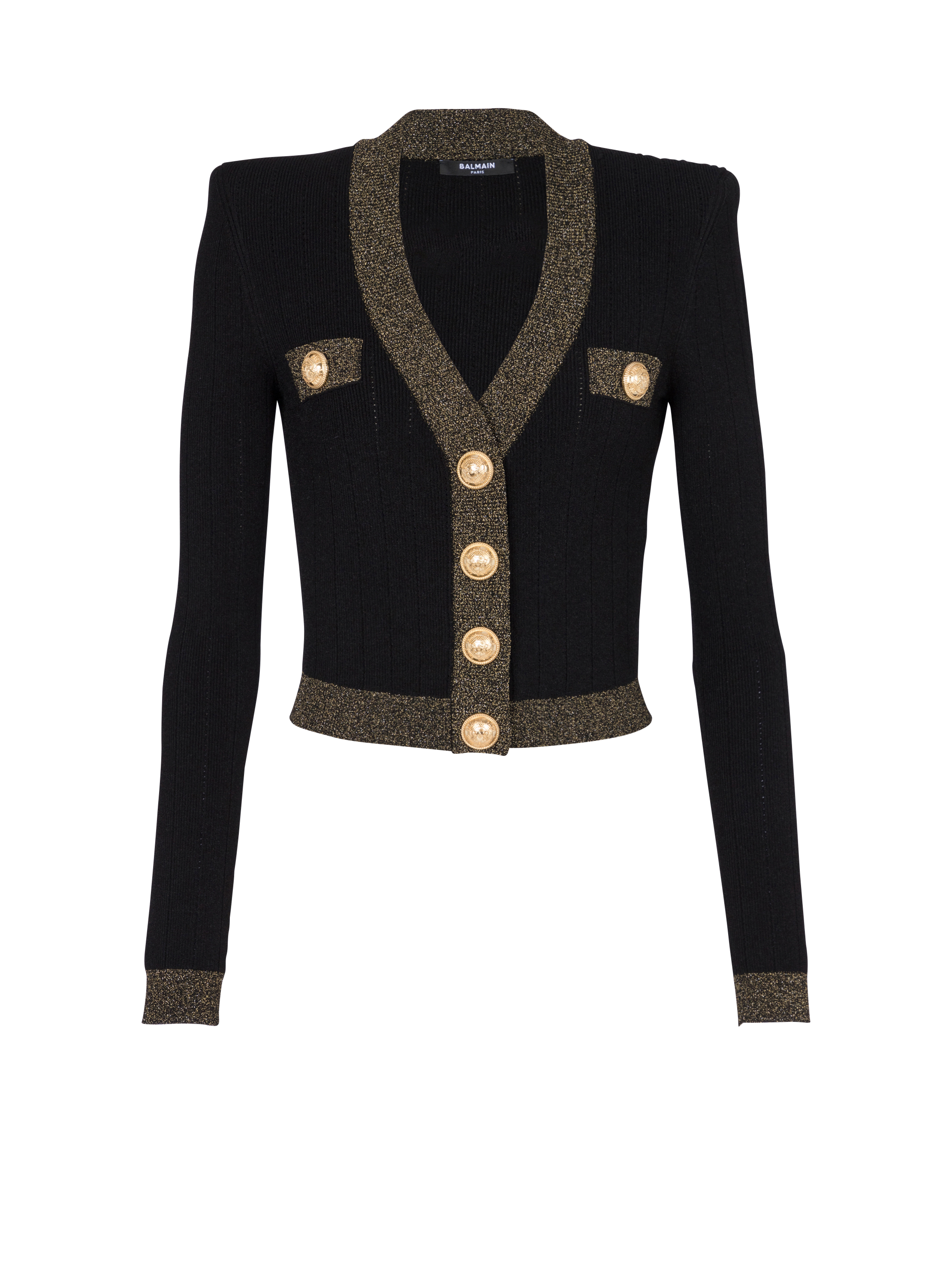 Cropped knit cardigan with gold trim, black, hi-res