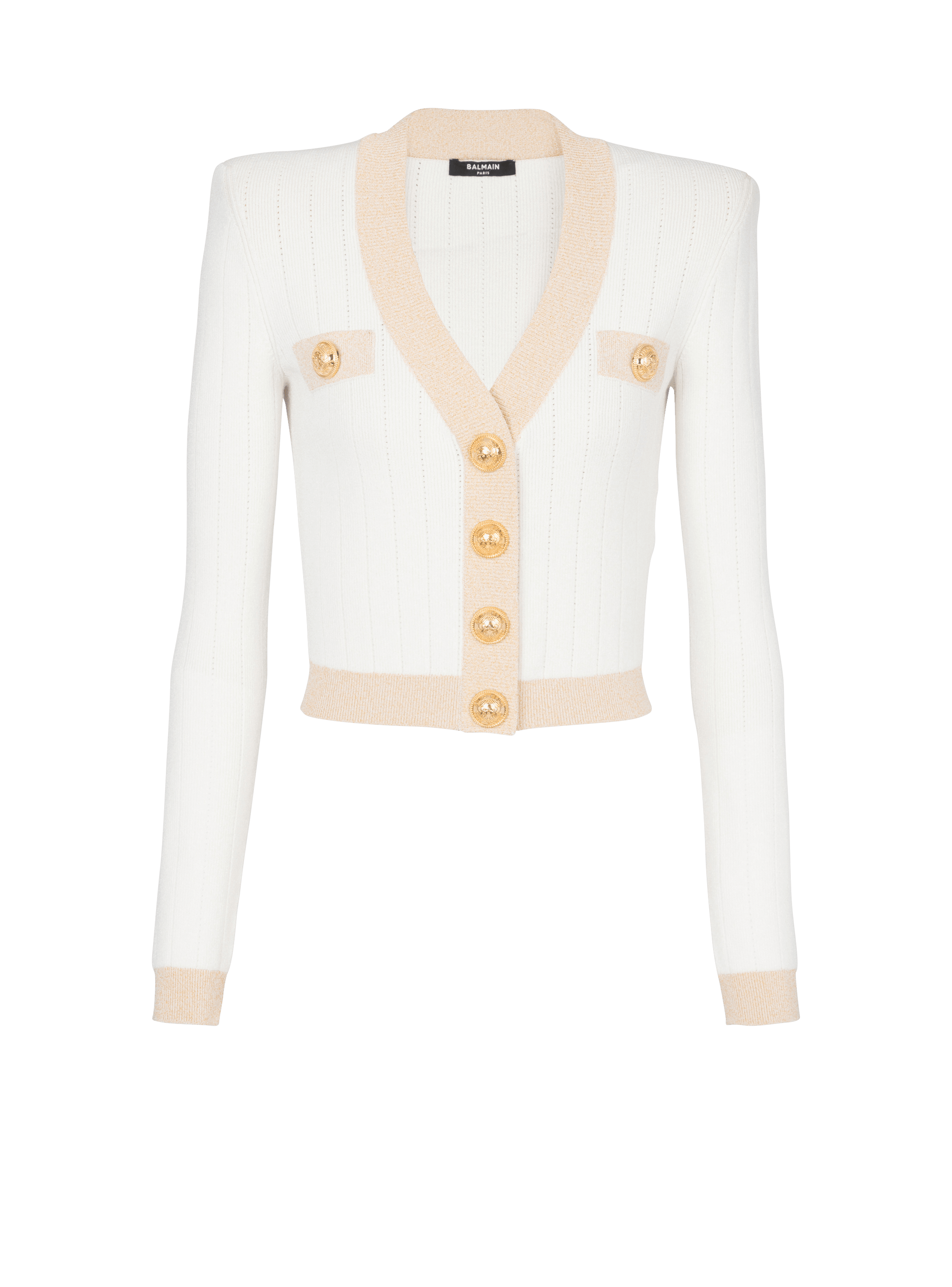 Kurze Strickjacke mit goldfarbenen Borten