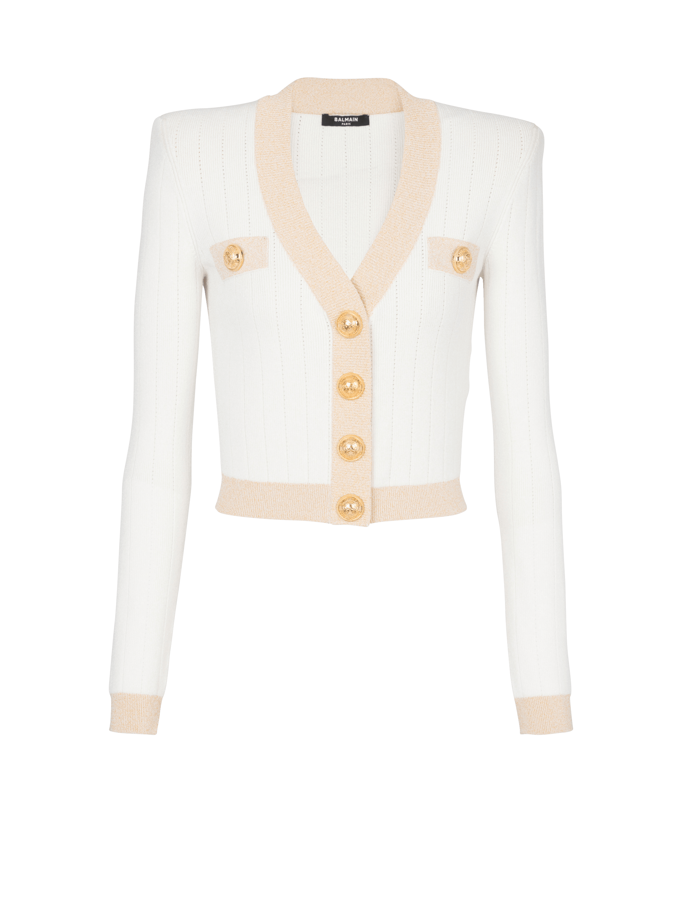 Cropped knit cardigan with gold trim, white, hi-res