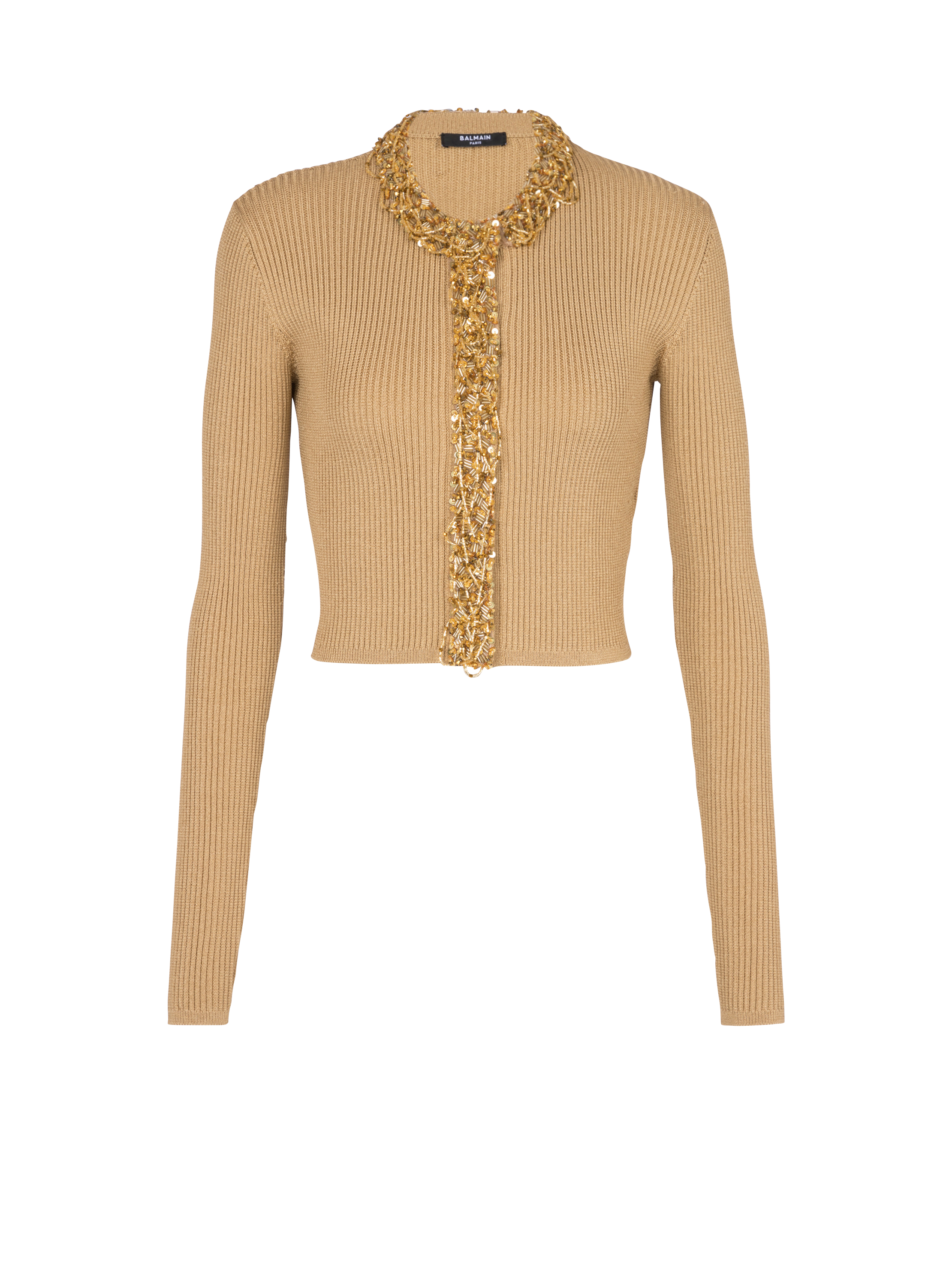 Embroidered knit cardigan, brown, hi-res