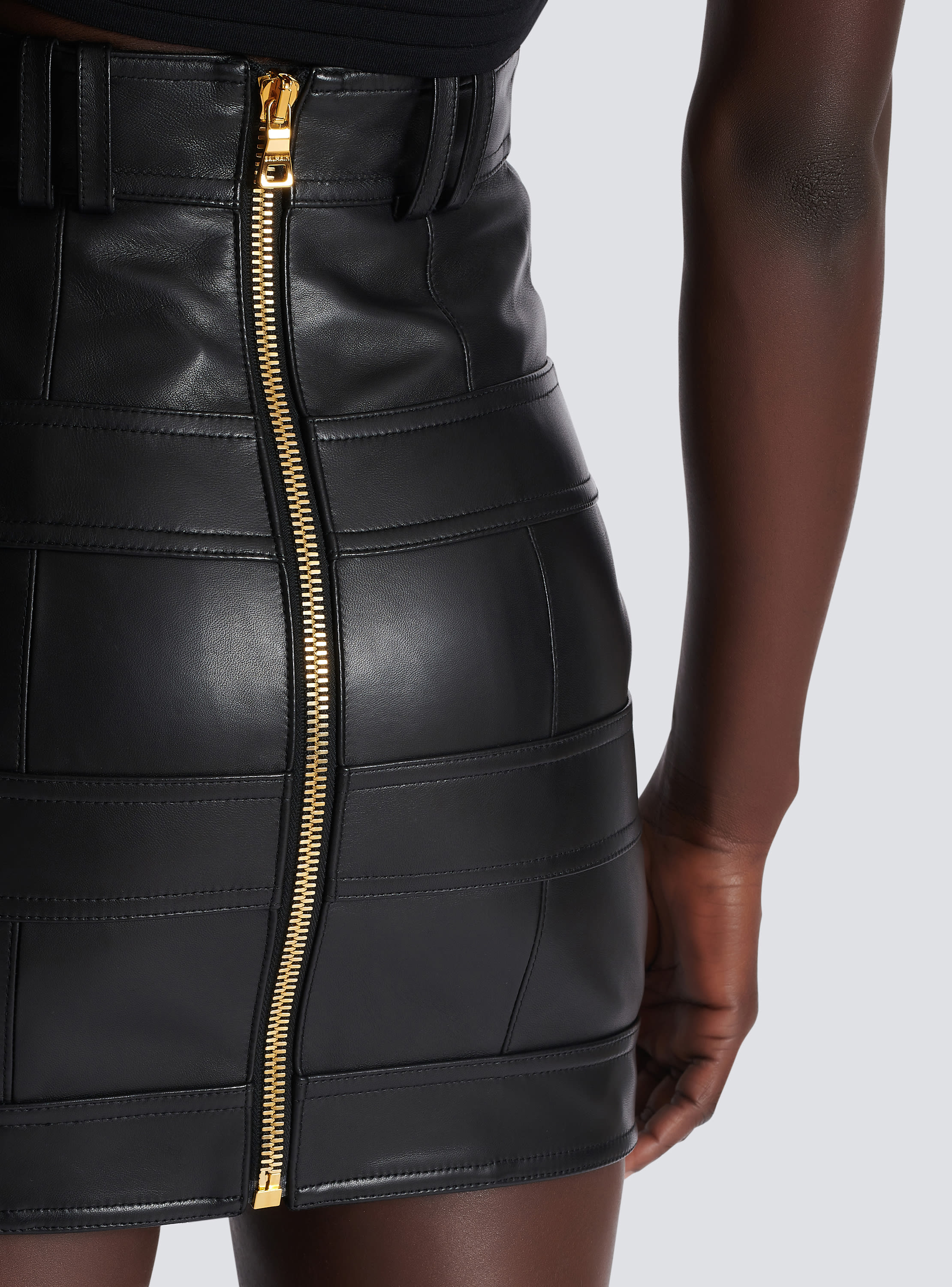 Jupe taille haute en cuir noir - Femme | BALMAIN