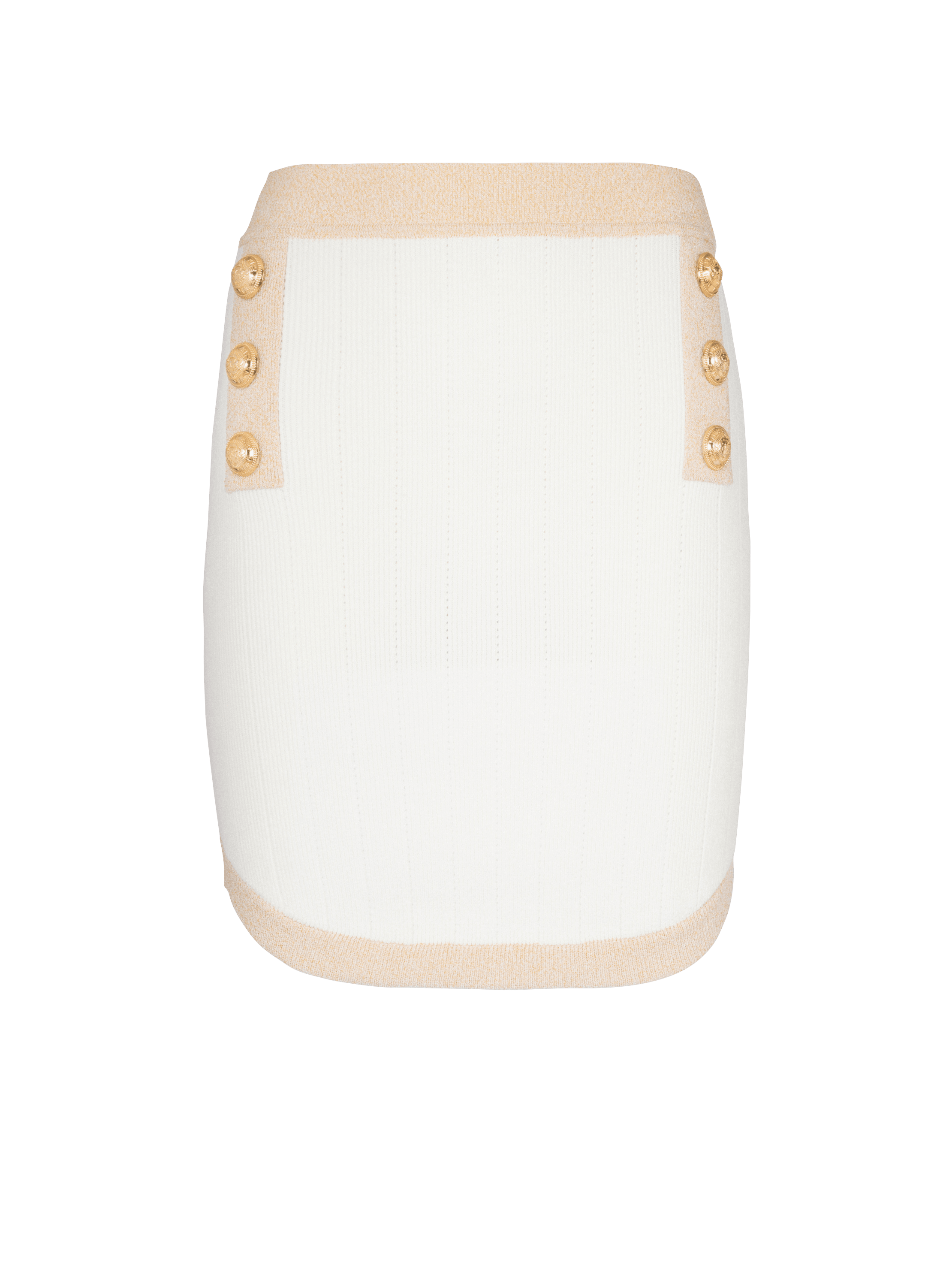 Short knit skirt with gold trim, white, hi-res